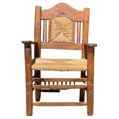Vintage Oversized Primitive Seagrass and Wood Armchair