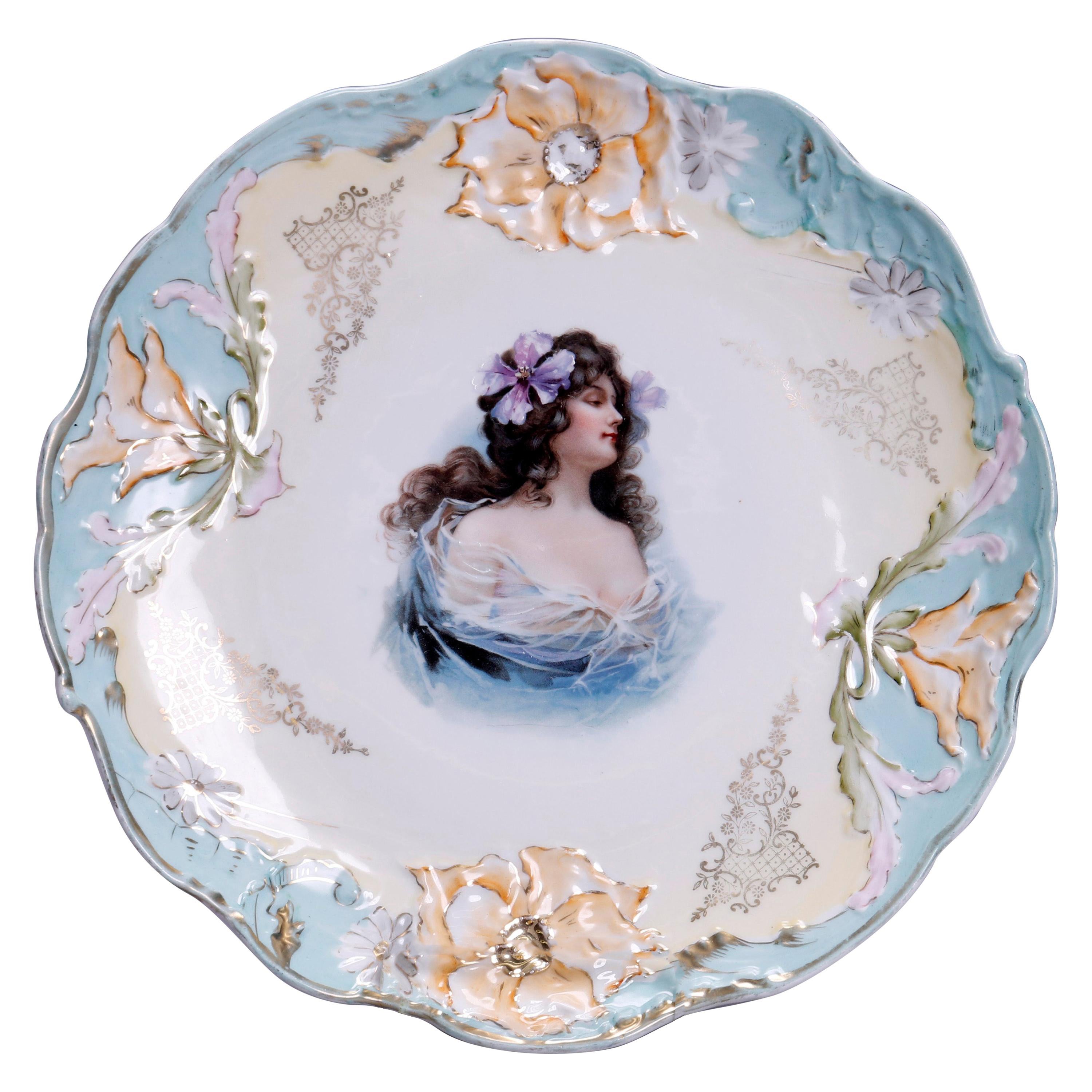 Oversized Prussia Painted and Gilt Portrait Plate of Young Woman, C1900 For Sale