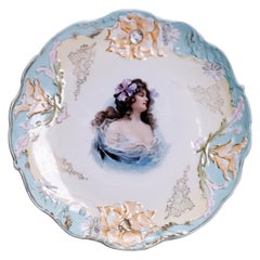 Oversized Prussia Painted and Gilt Portrait Plate of Young Woman, C1900