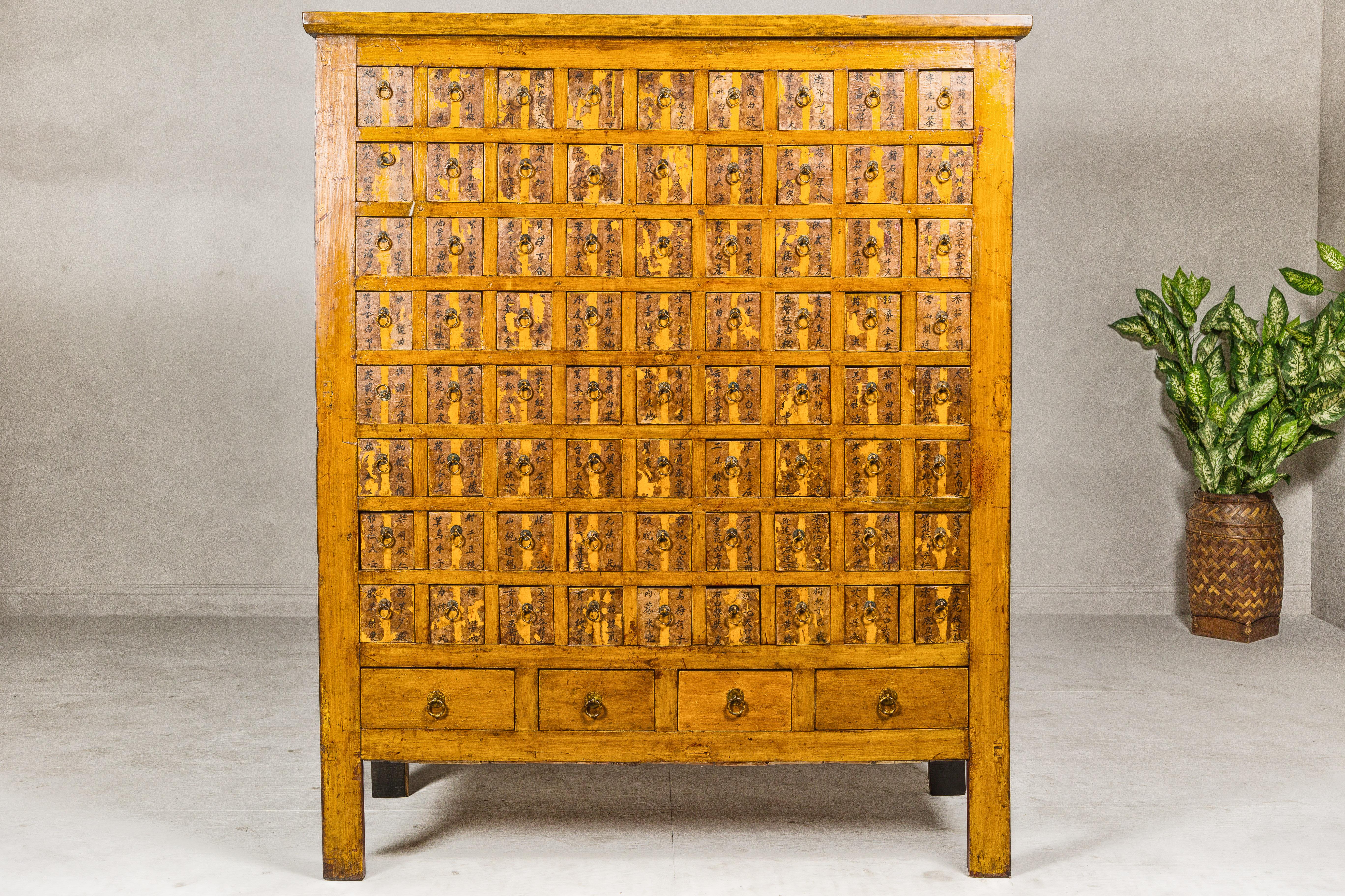 Lacquered Oversized Qing Apothecary Cabinet with 76 Drawers and Chinese Calligraphy For Sale