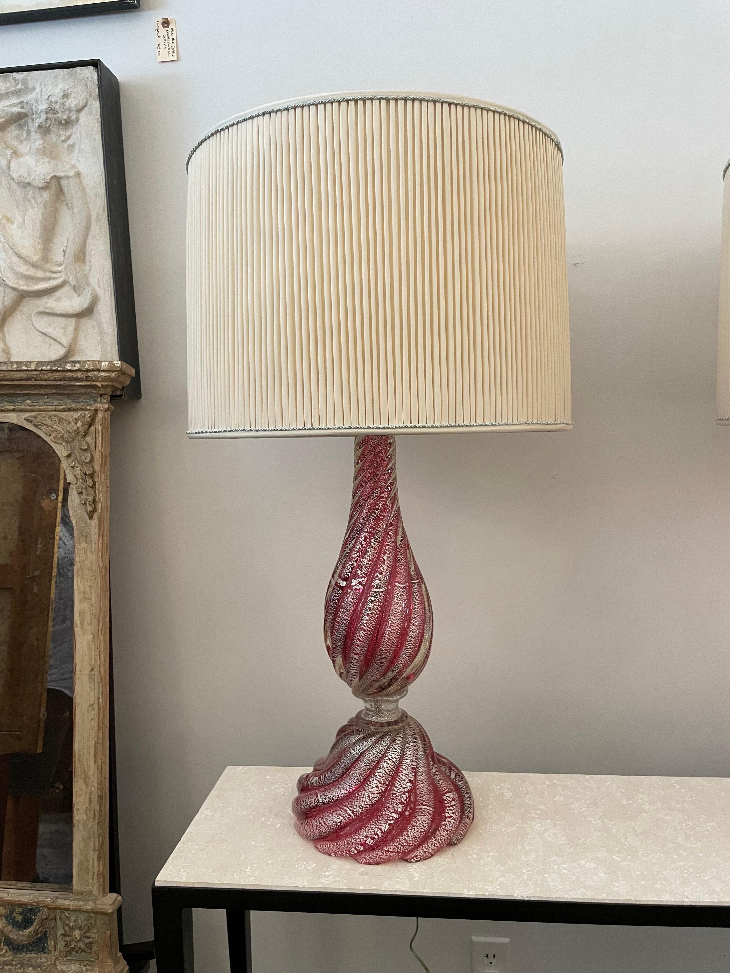 Oversized Raspberry Murano Glass Lamps W/ Silver Foil Inclusions by Barovier For Sale 3