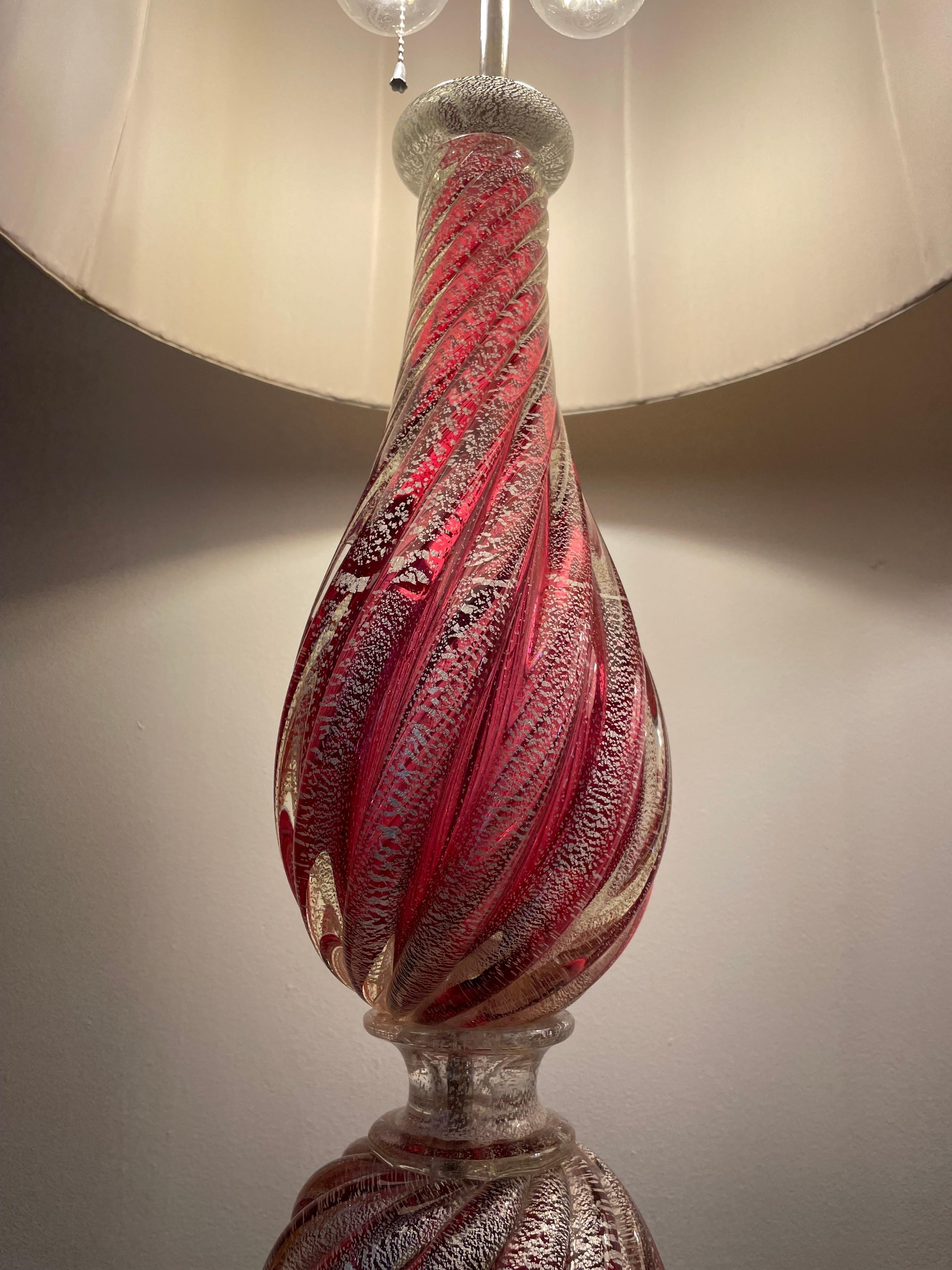 Oversized Raspberry Murano Glass Lamps W/ Silver Foil Inclusions by Barovier For Sale 6