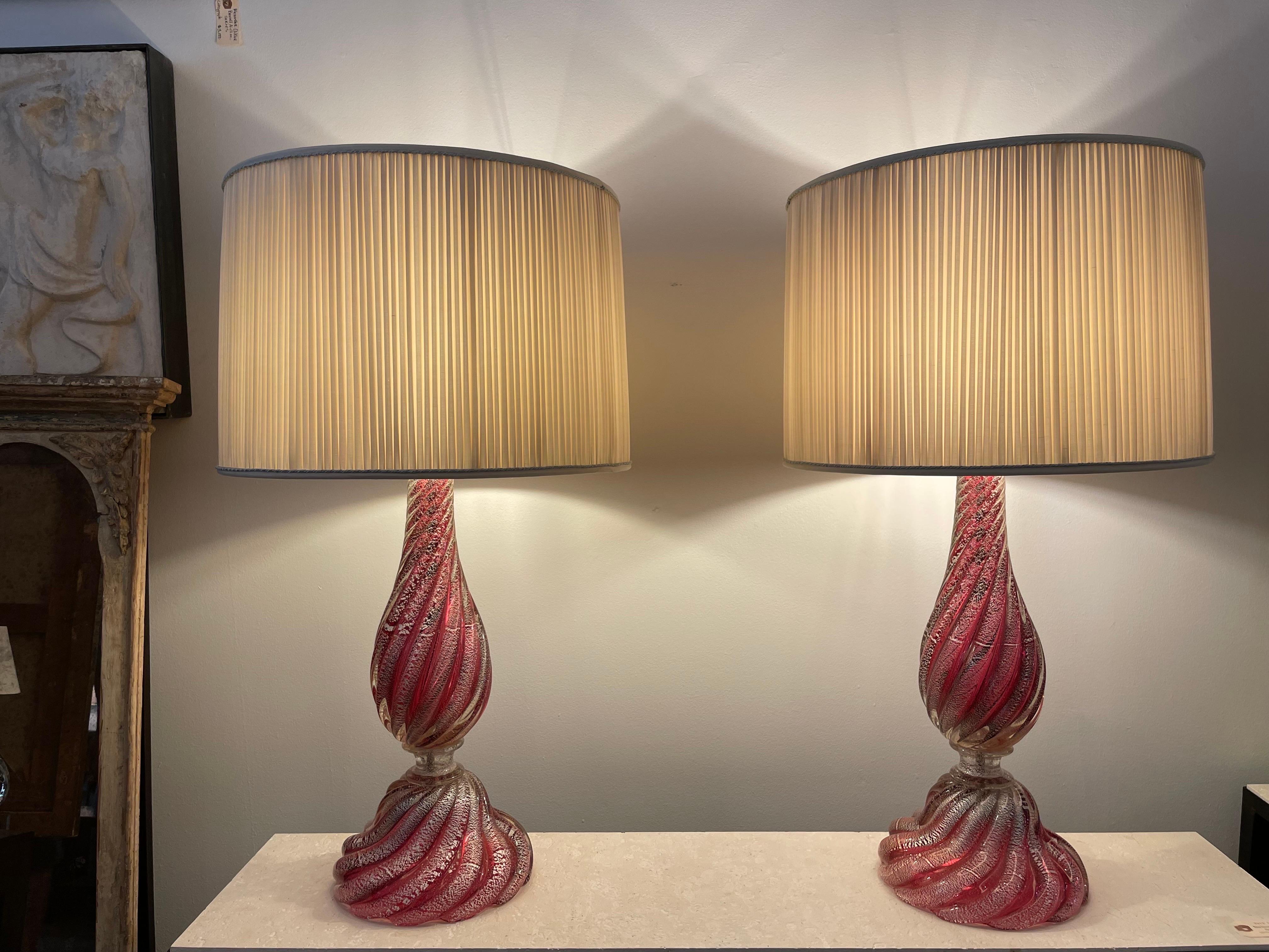 Oversized Raspberry Murano Glass Lamps W/ Silver Foil Inclusions by Barovier For Sale 7