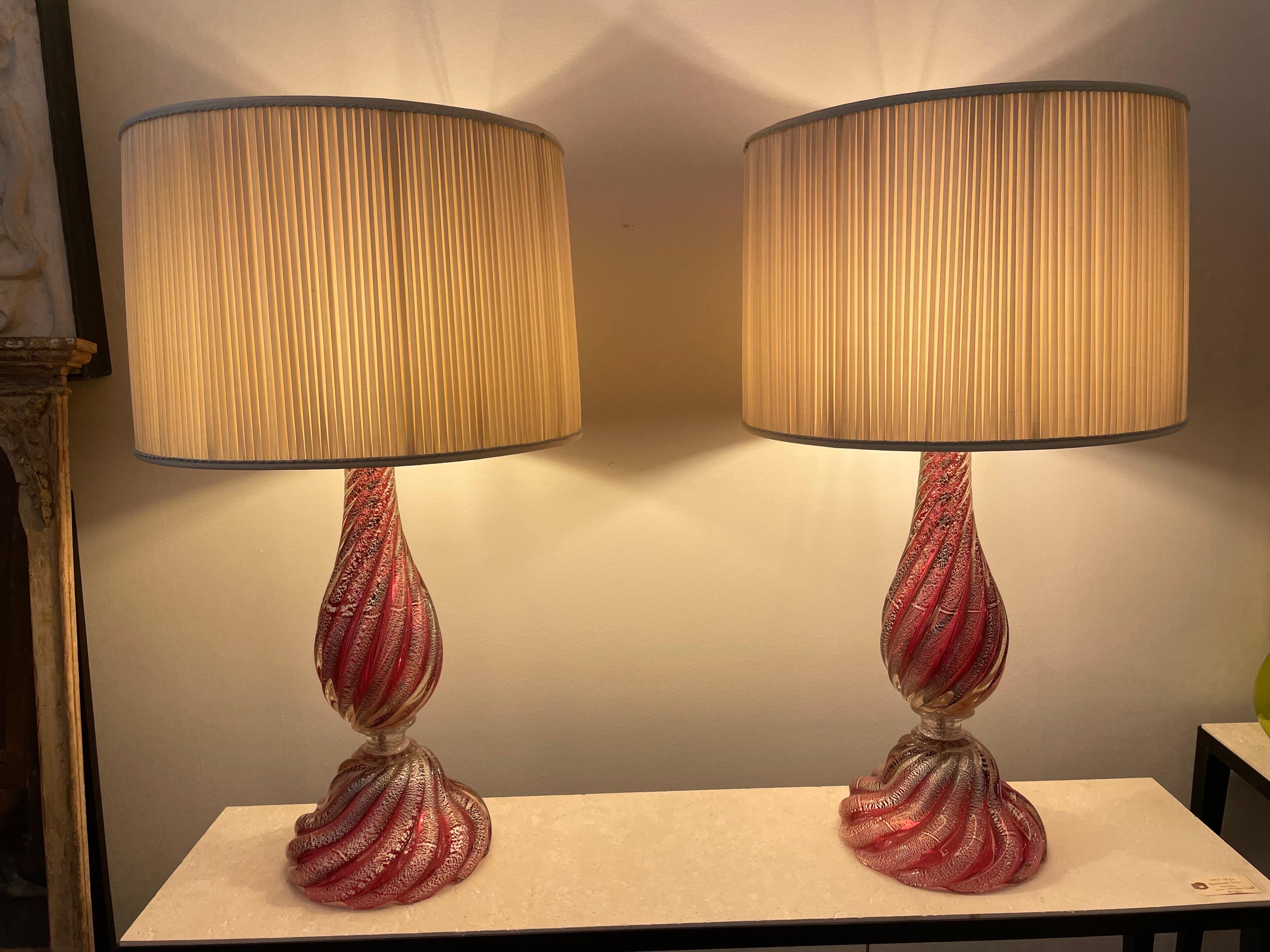 Oversized Raspberry Murano Glass Lamps W/ Silver Foil Inclusions by Barovier For Sale 8