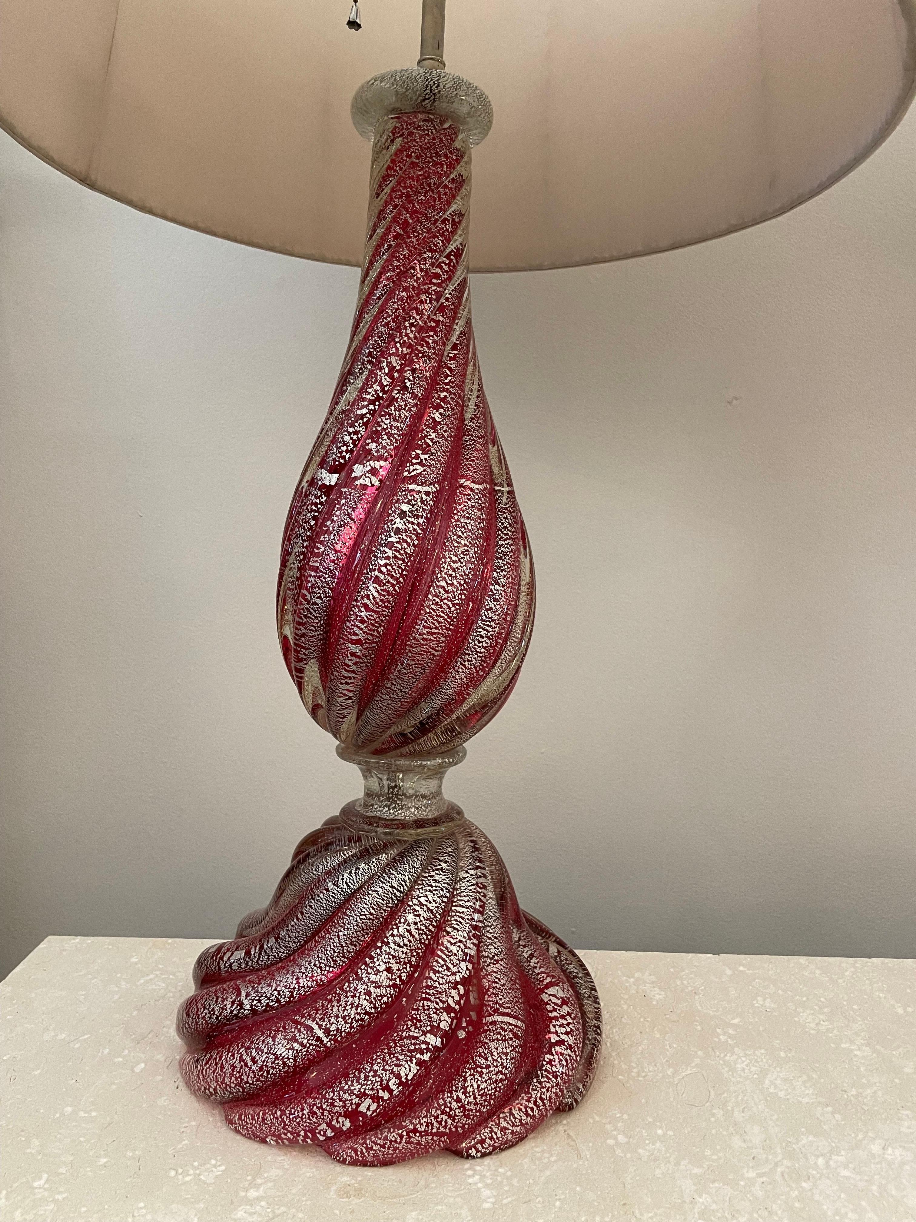 Italian Oversized Raspberry Murano Glass Lamps W/ Silver Foil Inclusions by Barovier For Sale