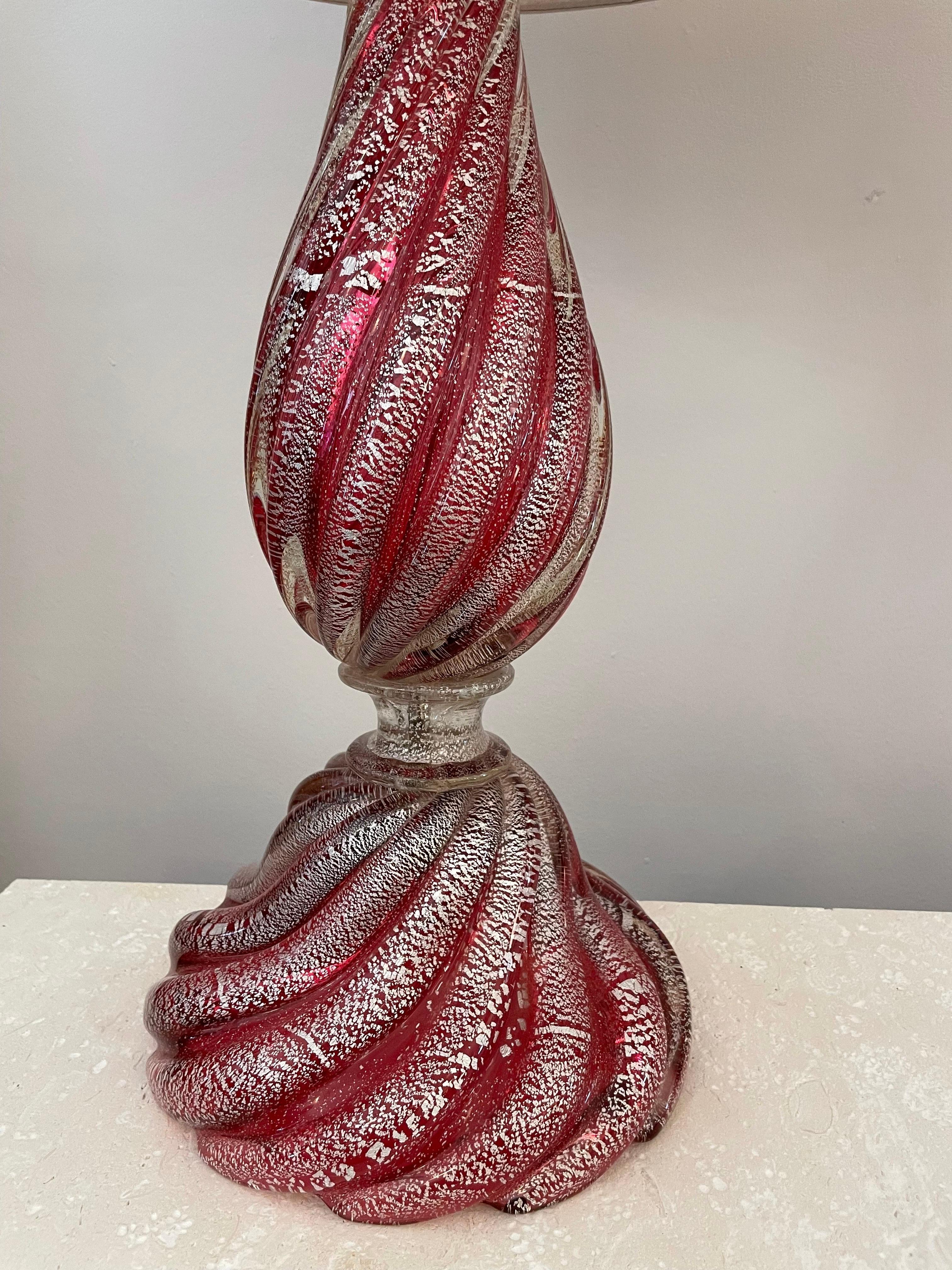Oversized Raspberry Murano Glass Lamps W/ Silver Foil Inclusions by Barovier In Good Condition For Sale In East Hampton, NY