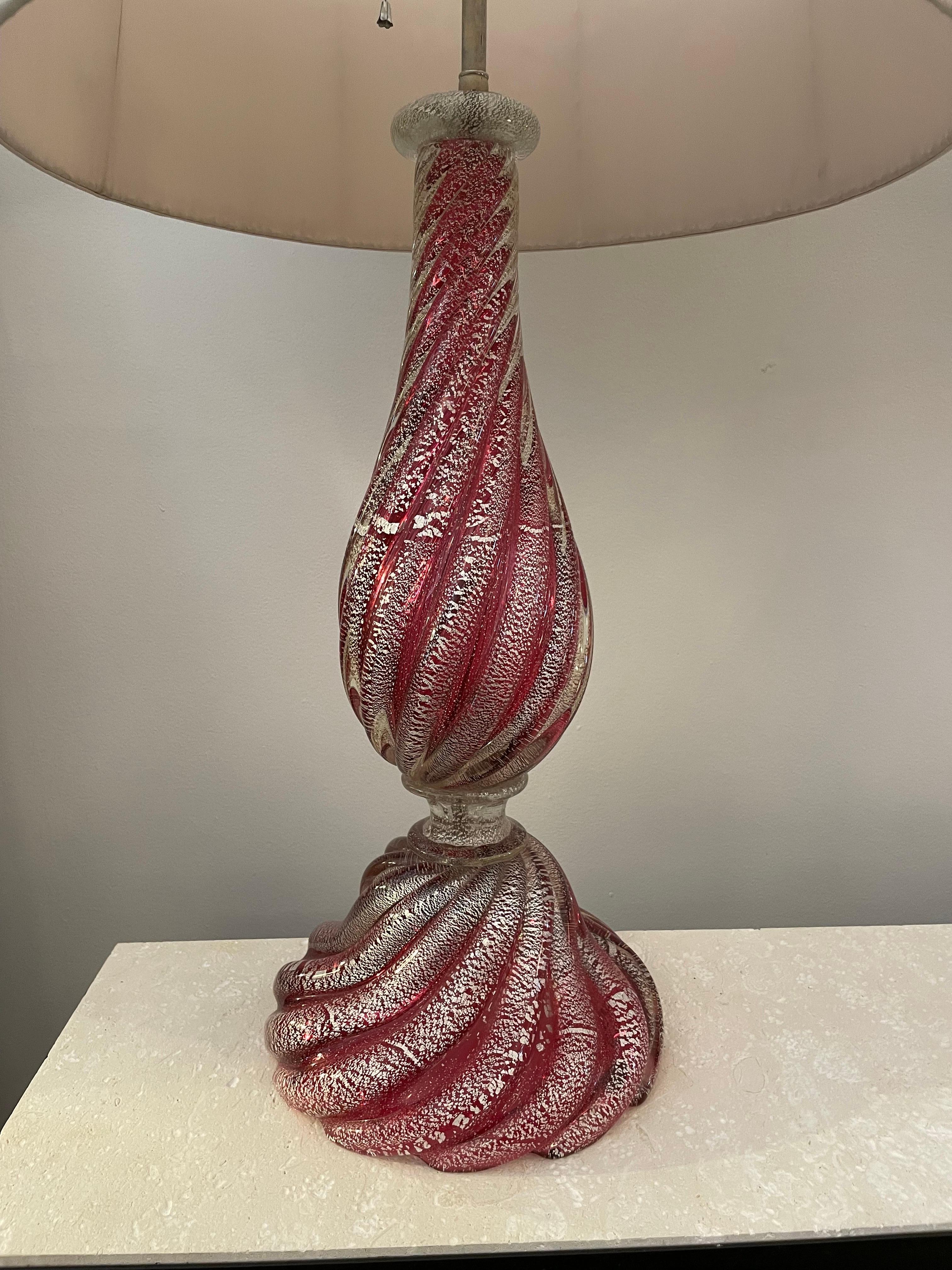 Oversized Raspberry Murano Glass Lamps W/ Silver Foil Inclusions by Barovier For Sale 1