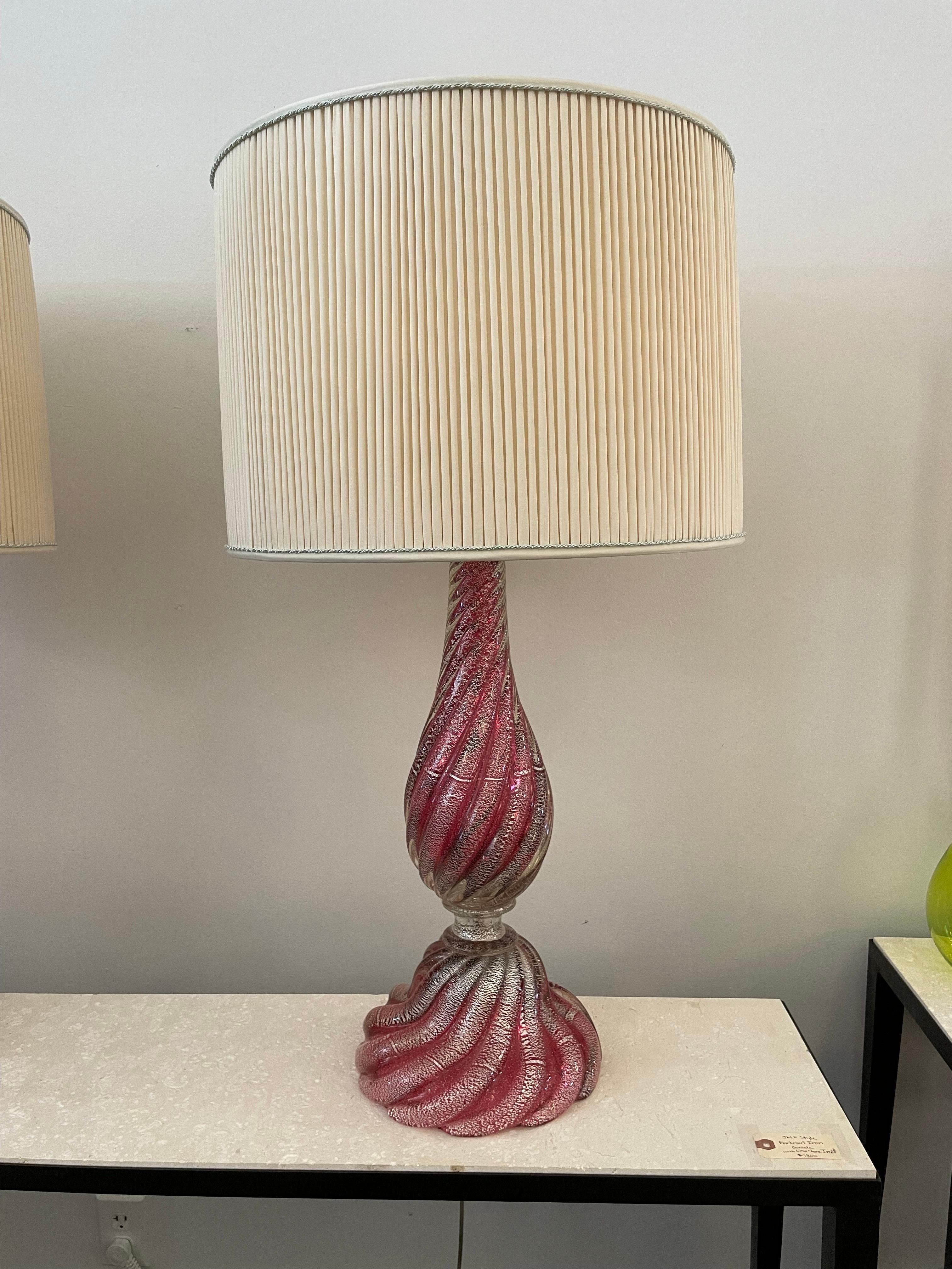 Oversized Raspberry Murano Glass Lamps W/ Silver Foil Inclusions by Barovier For Sale 2