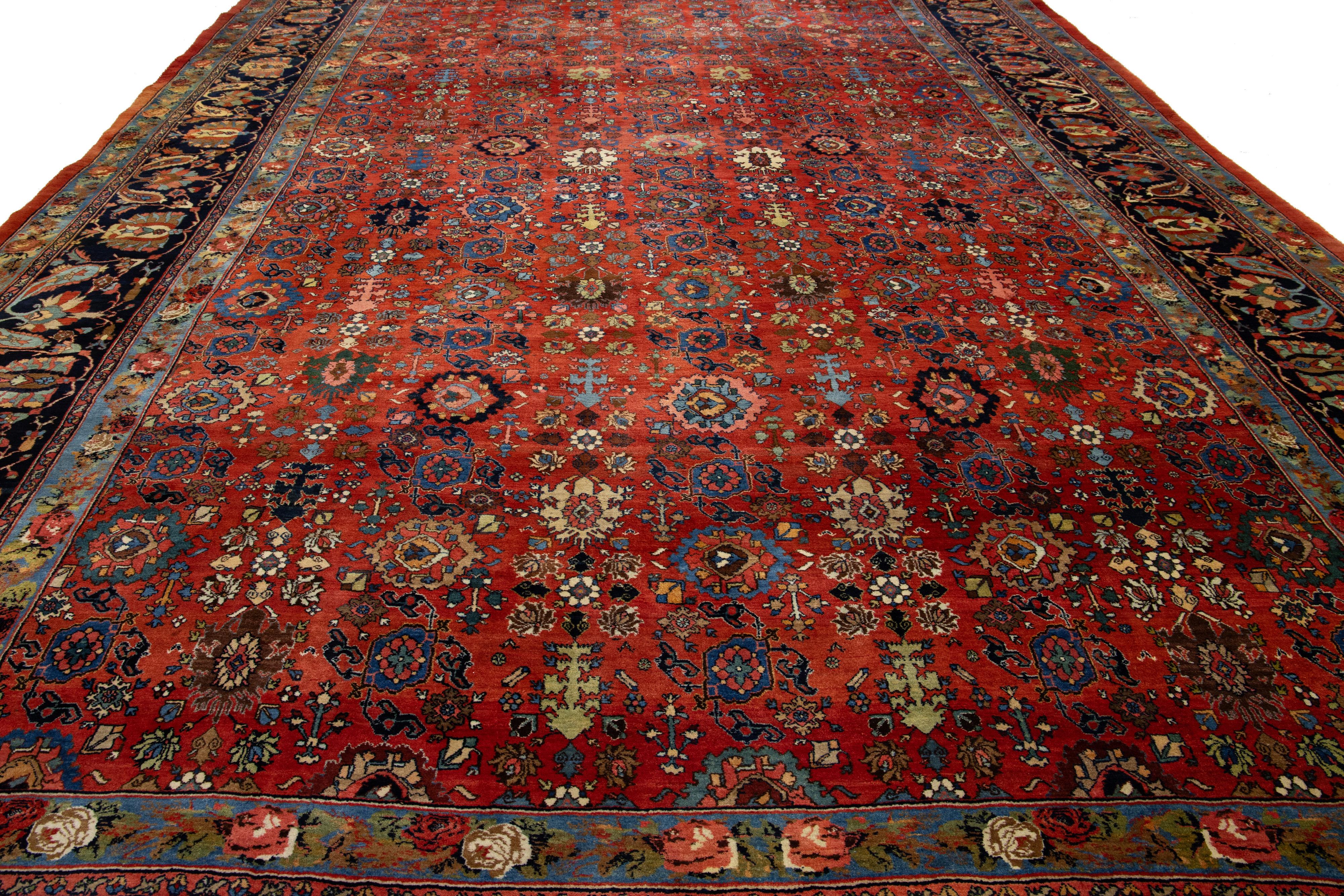 Laine Tapis Bidjar rouge surdimensionné, fabriqué à la main, entièrement recouvert de laine, des années 1900 en vente