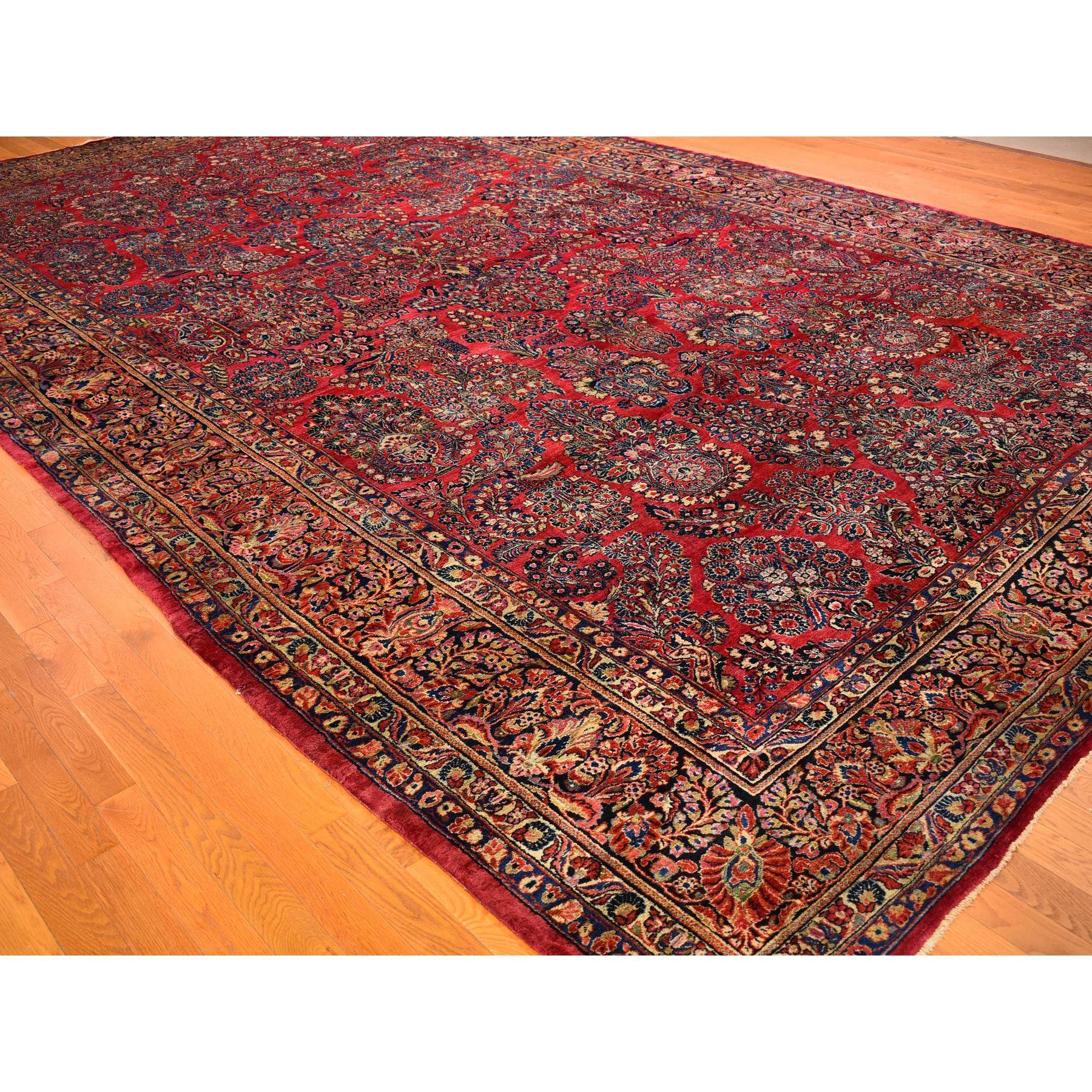 Medieval Oversized Red Antique Persian Sarouk Soft Wool Full Pile Hand Knotted Rug
