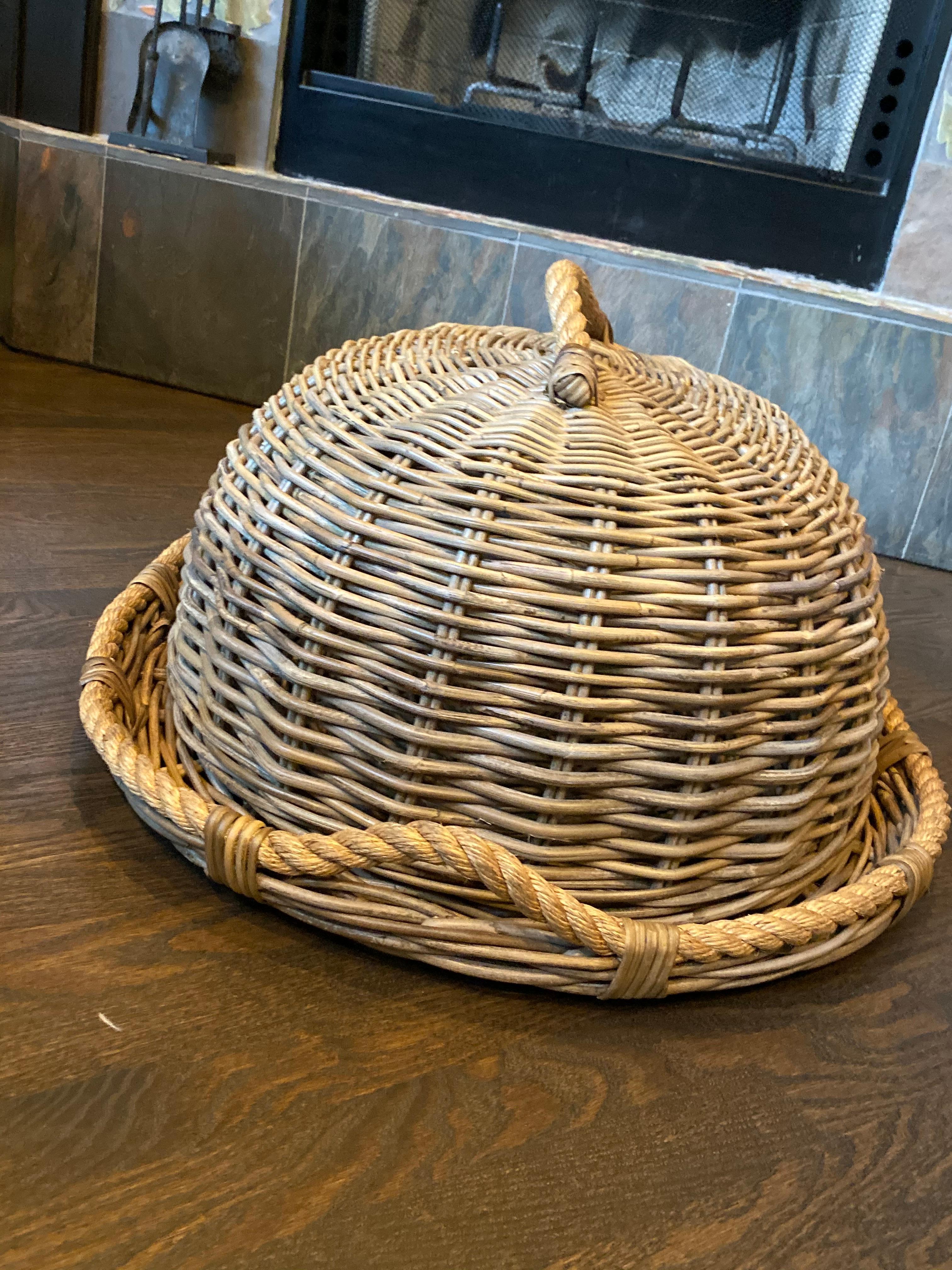 Contemporary Oversized Restoration Hardware Rattan Tray and Cloche For Sale