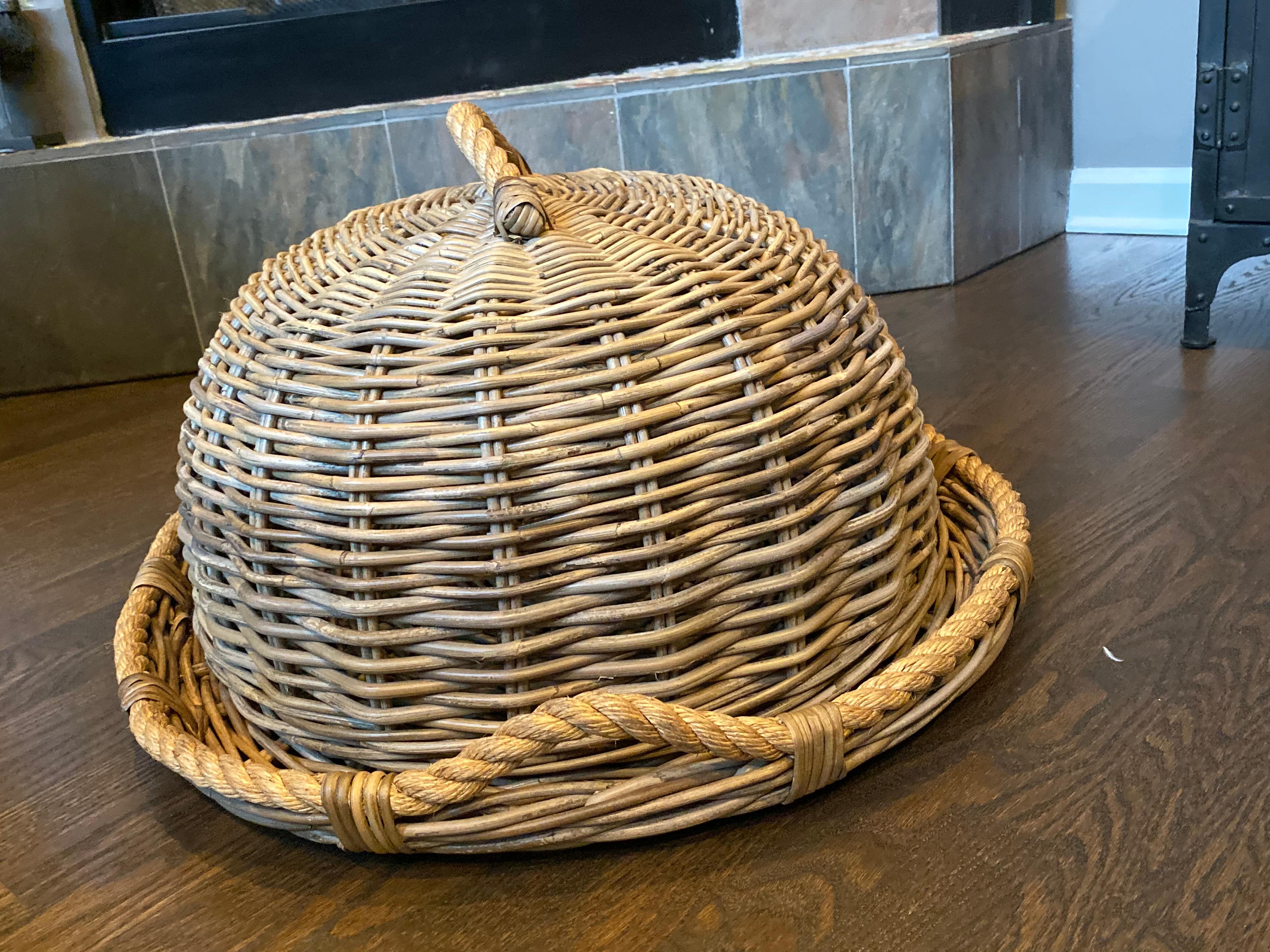 Wicker Oversized Restoration Hardware Rattan Tray and Cloche For Sale