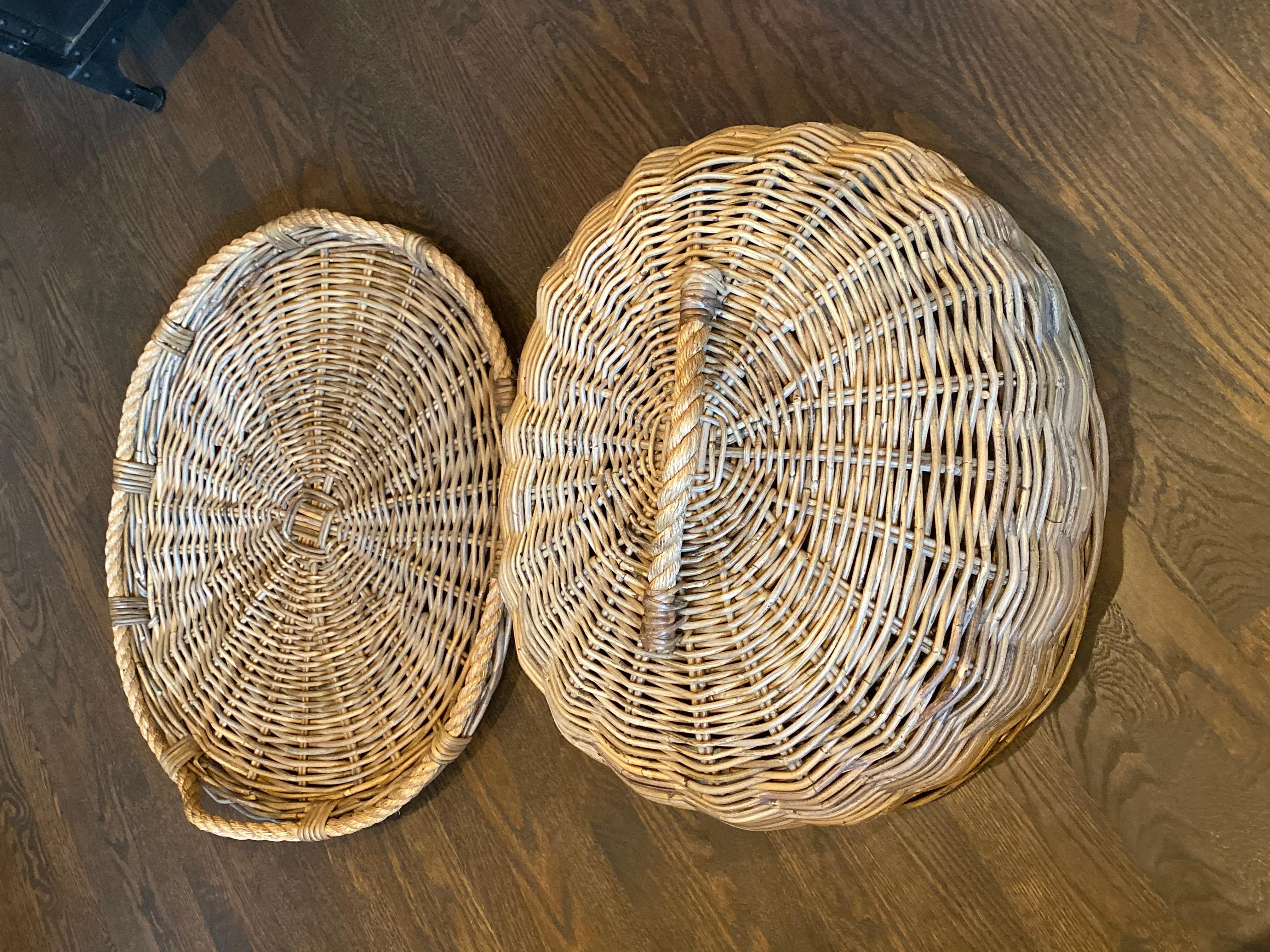 Rustic Oversized Restoration Hardware Rattan Tray and Cloche For Sale