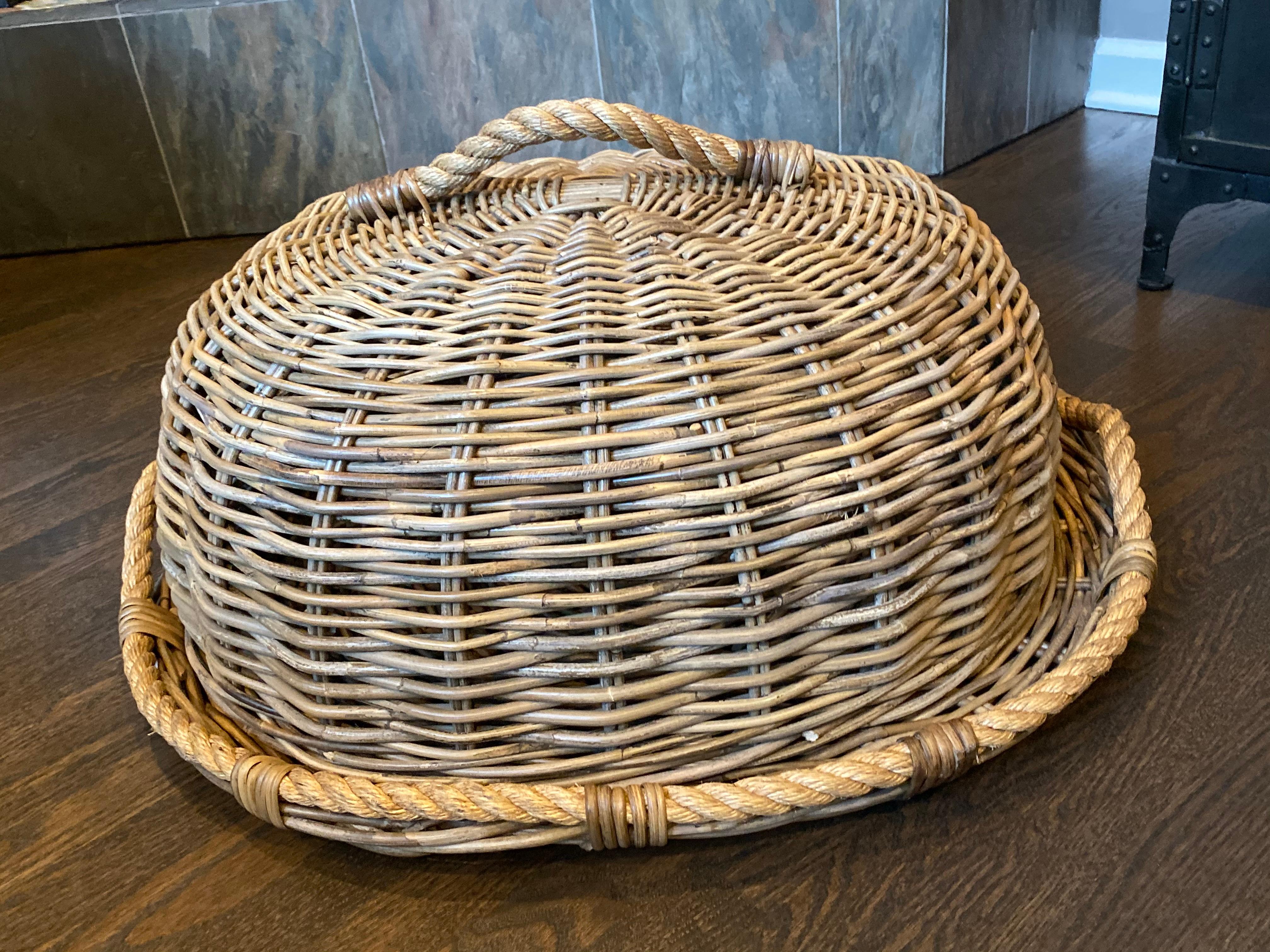 Oversized Restoration Hardware Rattan Tray and Cloche In Excellent Condition For Sale In Chicago, IL
