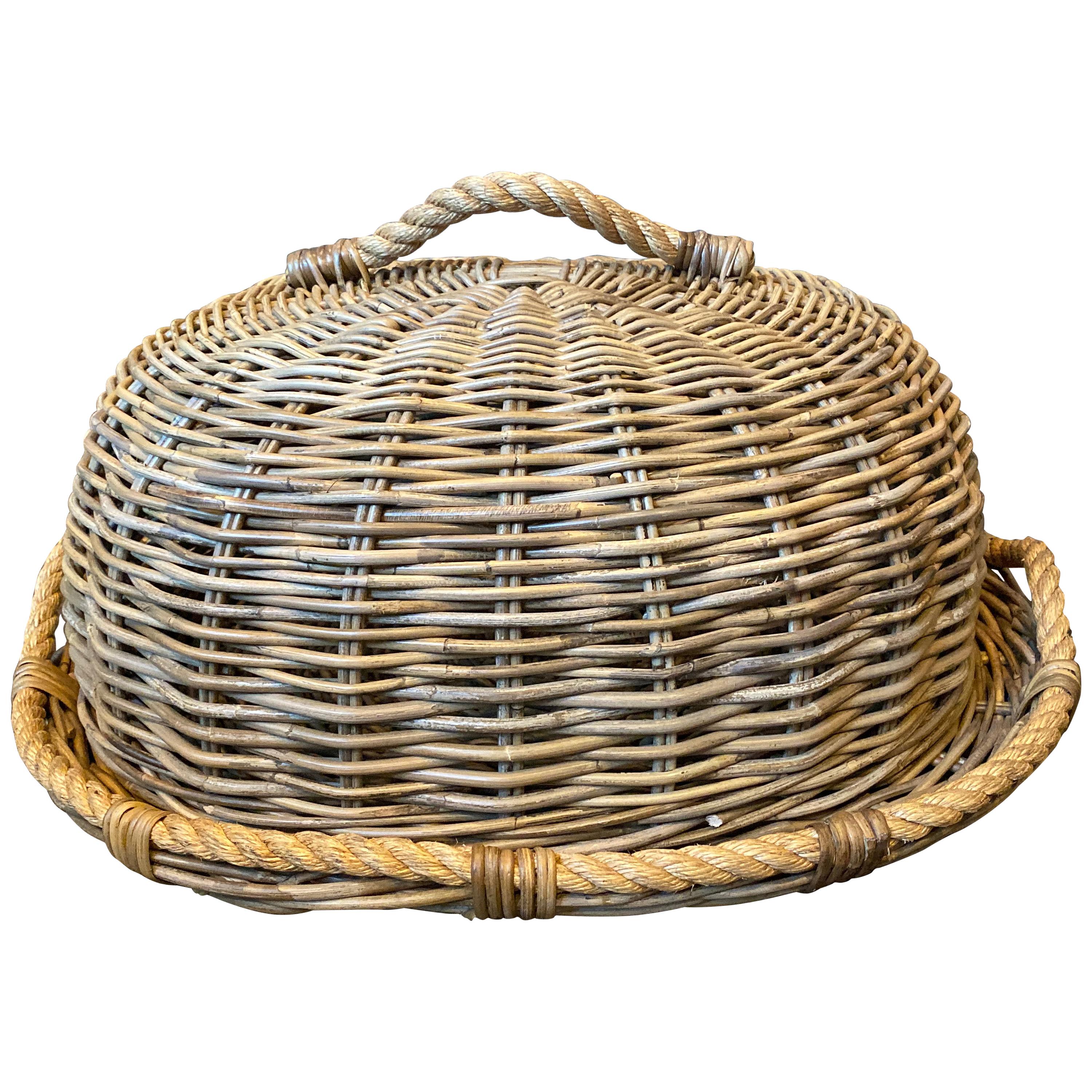 Oversized Restoration Hardware Rattan Tray and Cloche For Sale