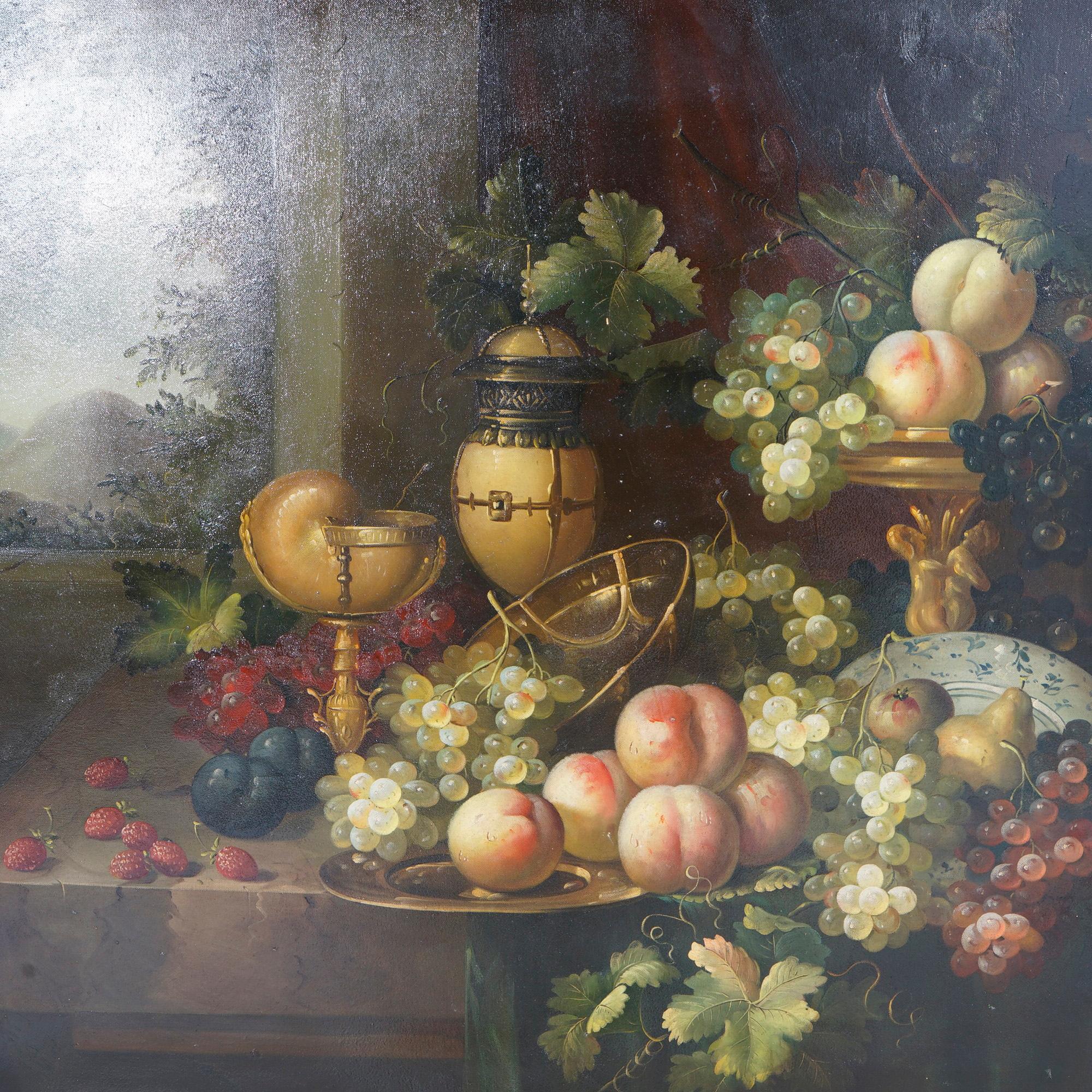 A large painting by Edward offers oil on canvas still life of table top fruit, artist signed lower right, seated in giltwood frame, 20th century

Measures- 46.5''H x 58.5''W x 4.25''D; 48.25'' x 36.25'' sight.