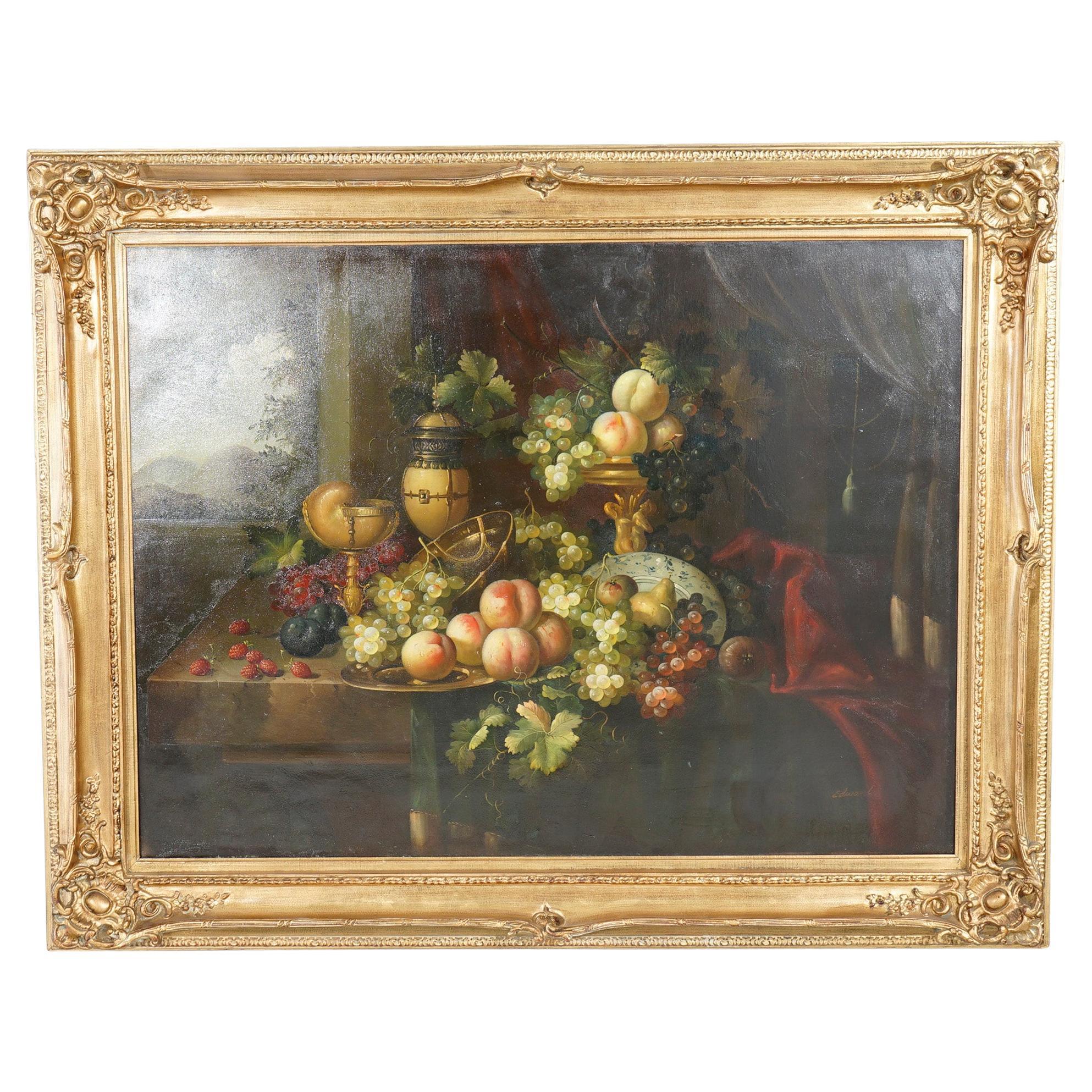 Oversized Roesen School Fruit Still Life Oil on Canvas Painting 20th C