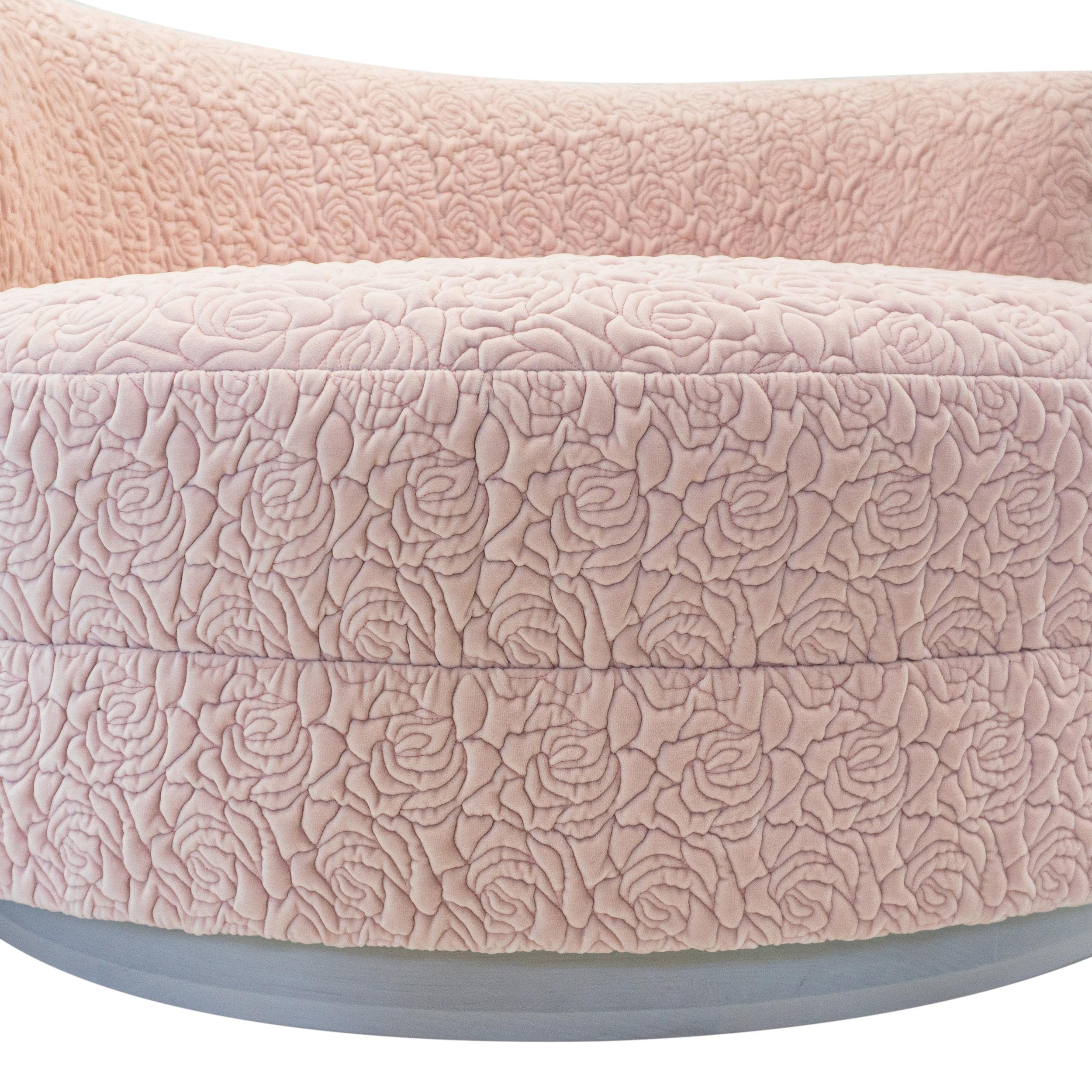 Oversized Round Lounge with Light Pink Quilted Rose Upholstery, Customizable For Sale 7