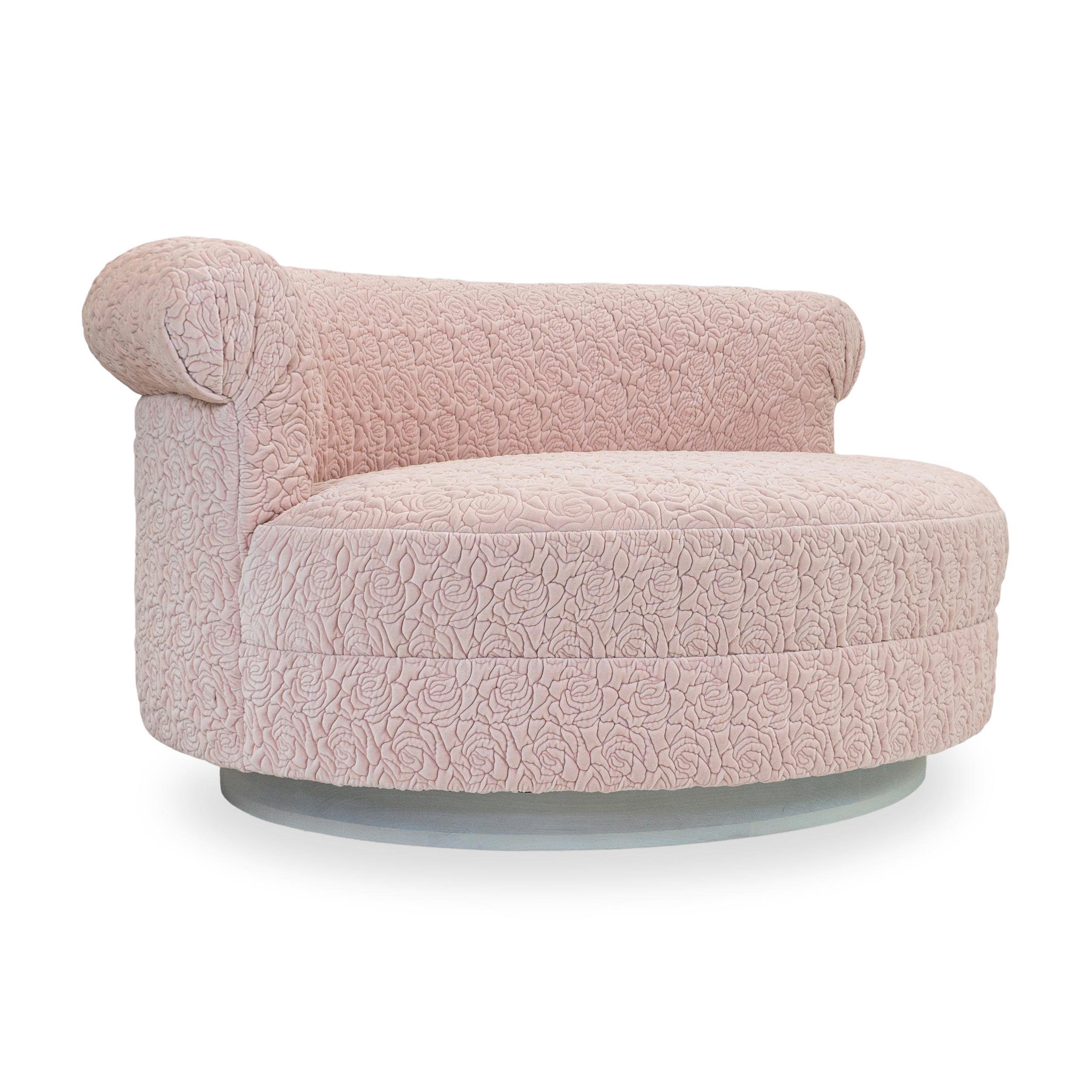 Modern Oversized Round Lounge with Light Pink Quilted Rose Upholstery, Customizable For Sale