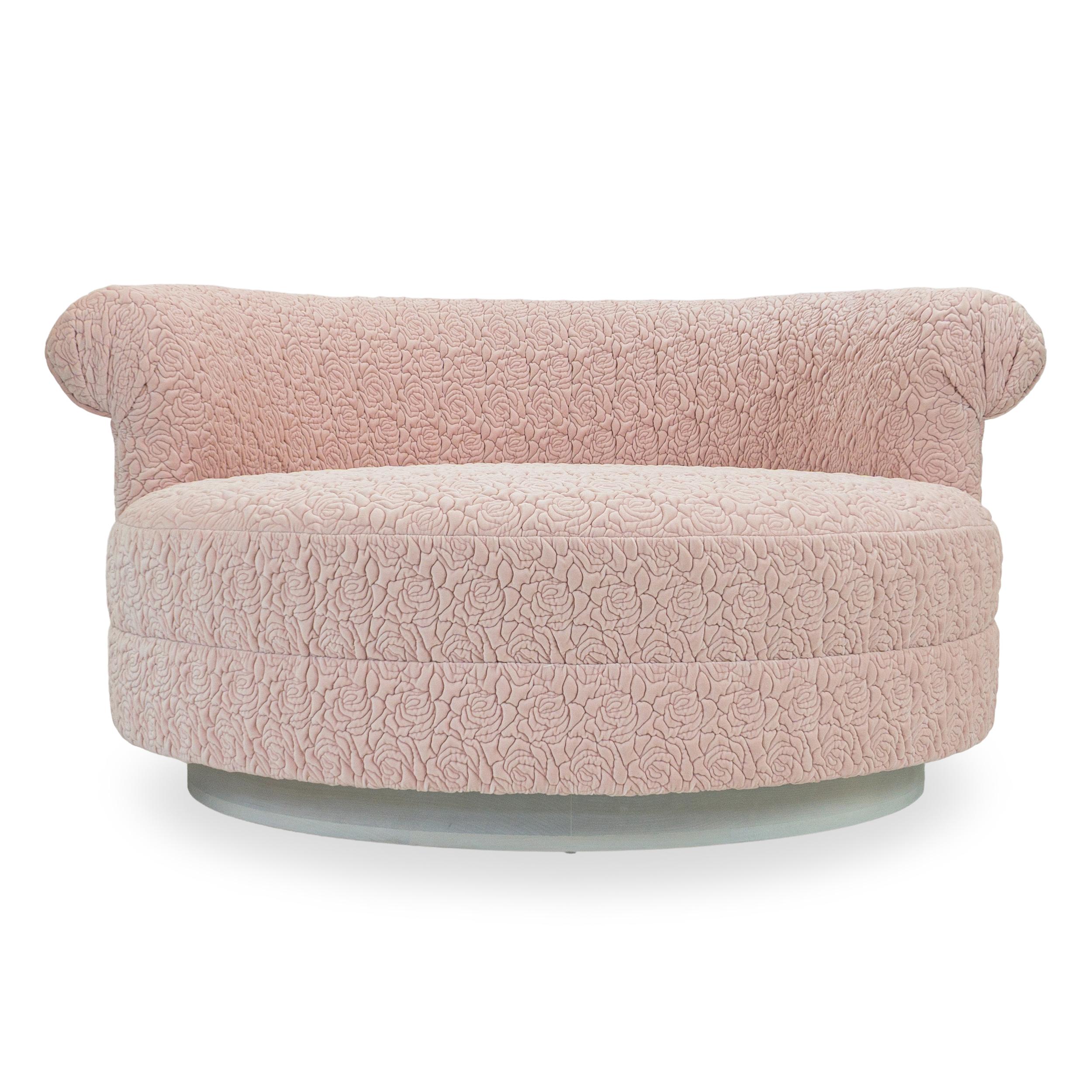 American Oversized Round Lounge with Light Pink Quilted Rose Upholstery, Customizable For Sale