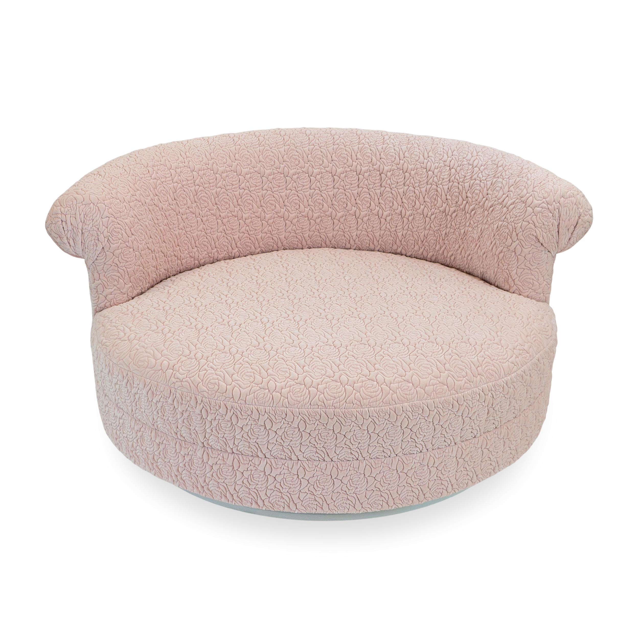 Contemporary Oversized Round Lounge with Light Pink Quilted Rose Upholstery, Customizable For Sale