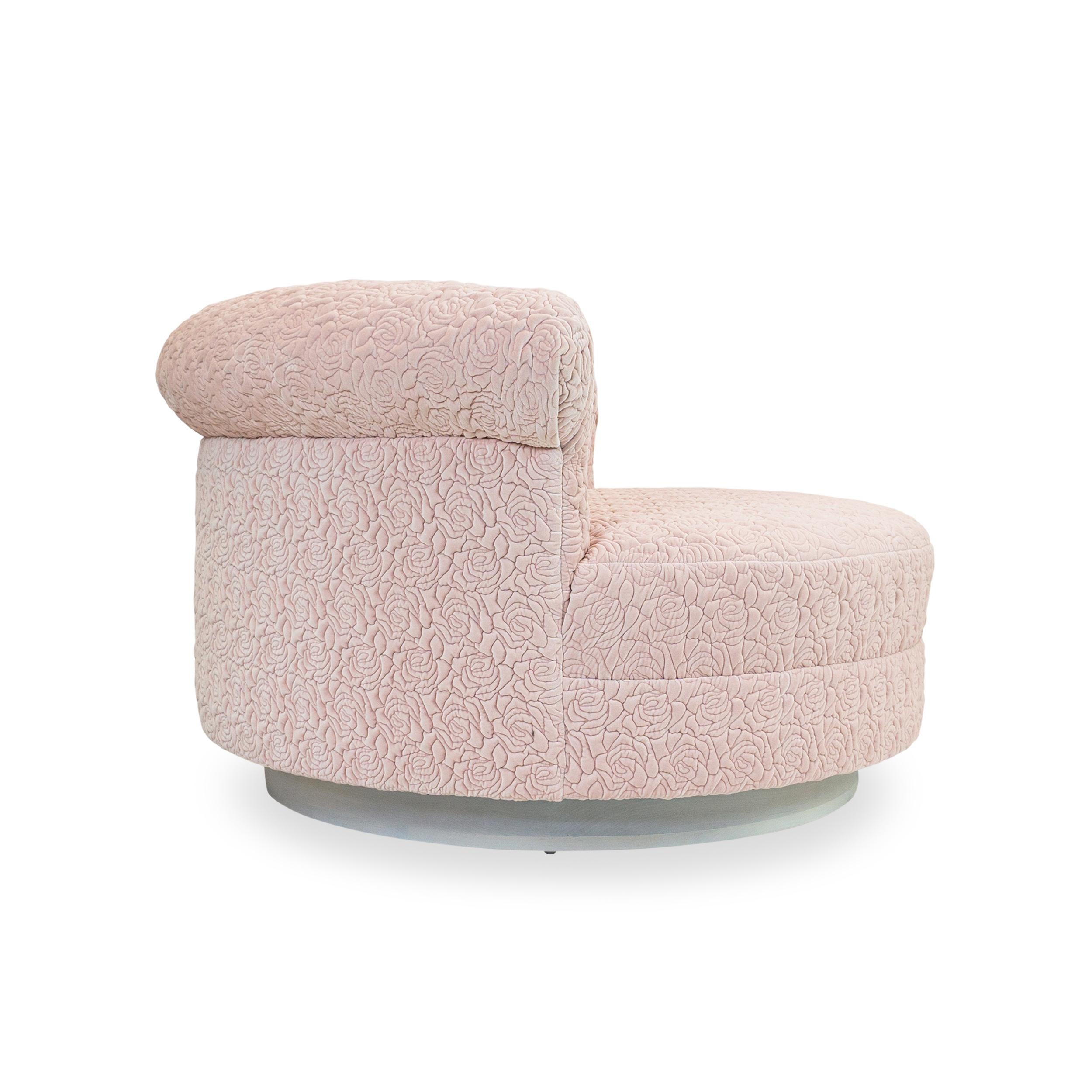 Cotton Oversized Round Lounge with Light Pink Quilted Rose Upholstery, Customizable For Sale