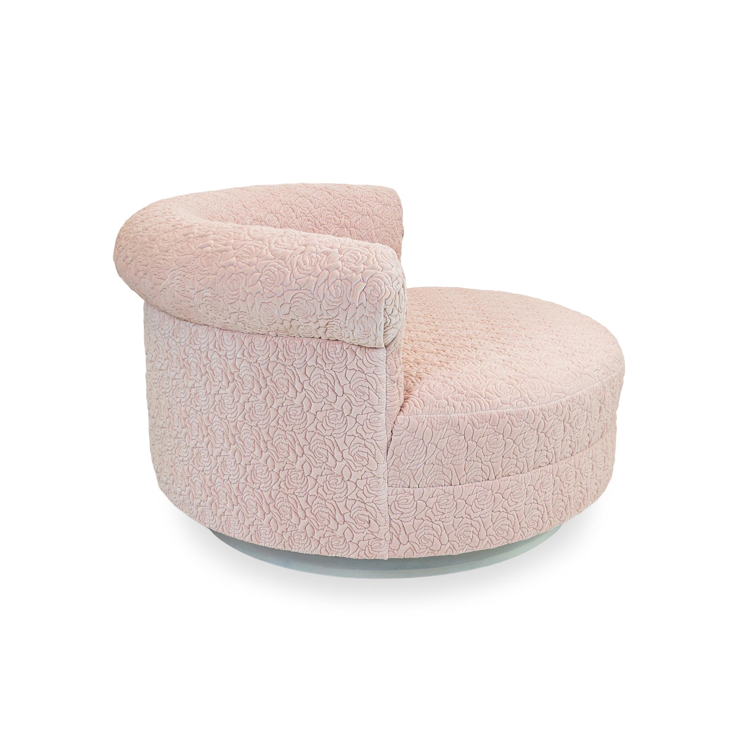 Oversized Round Lounge with Light Pink Quilted Rose Upholstery, Customizable For Sale 1