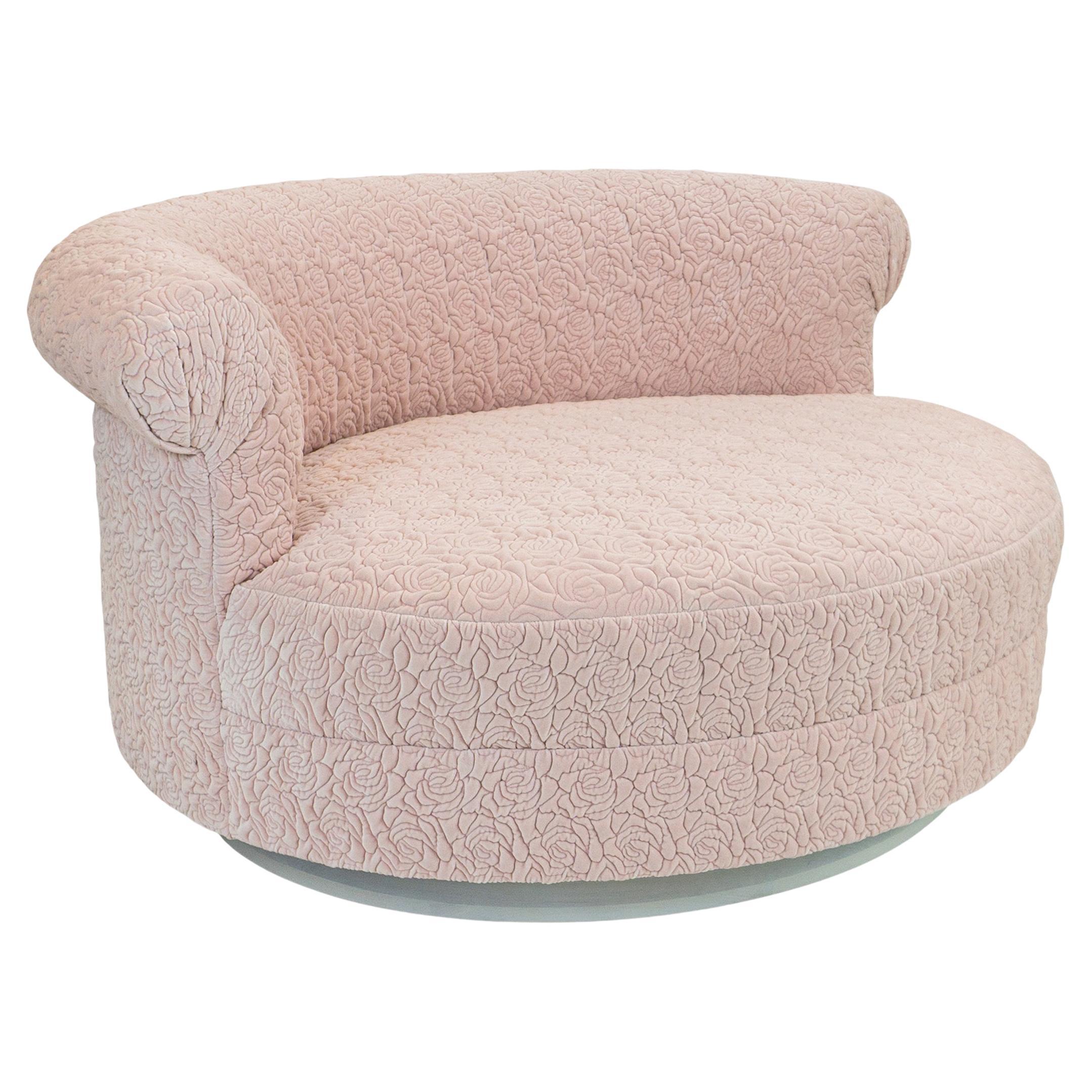 Oversized Round Lounge with Light Pink Quilted Rose Upholstery, Customizable For Sale