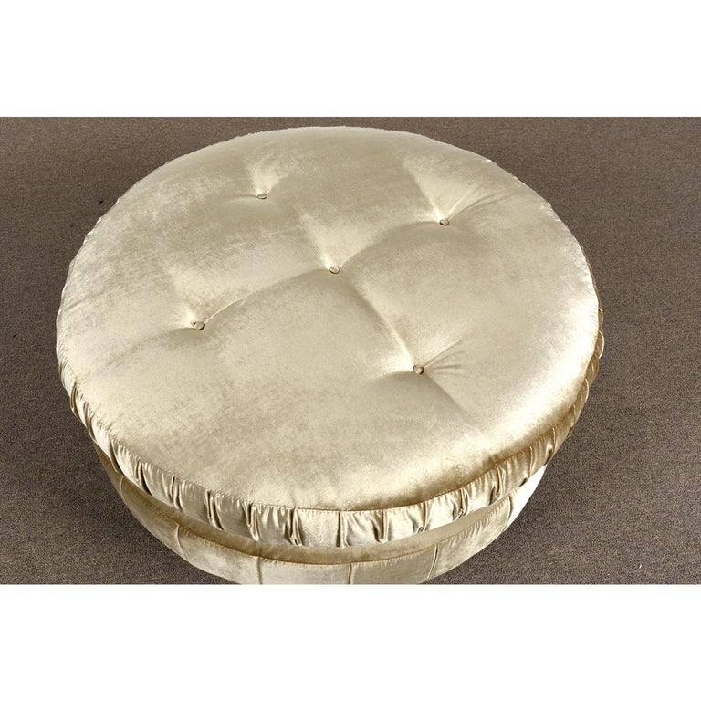Oversized Round MidCentury Modern Pouf Ottoman in Champagne Velvet at