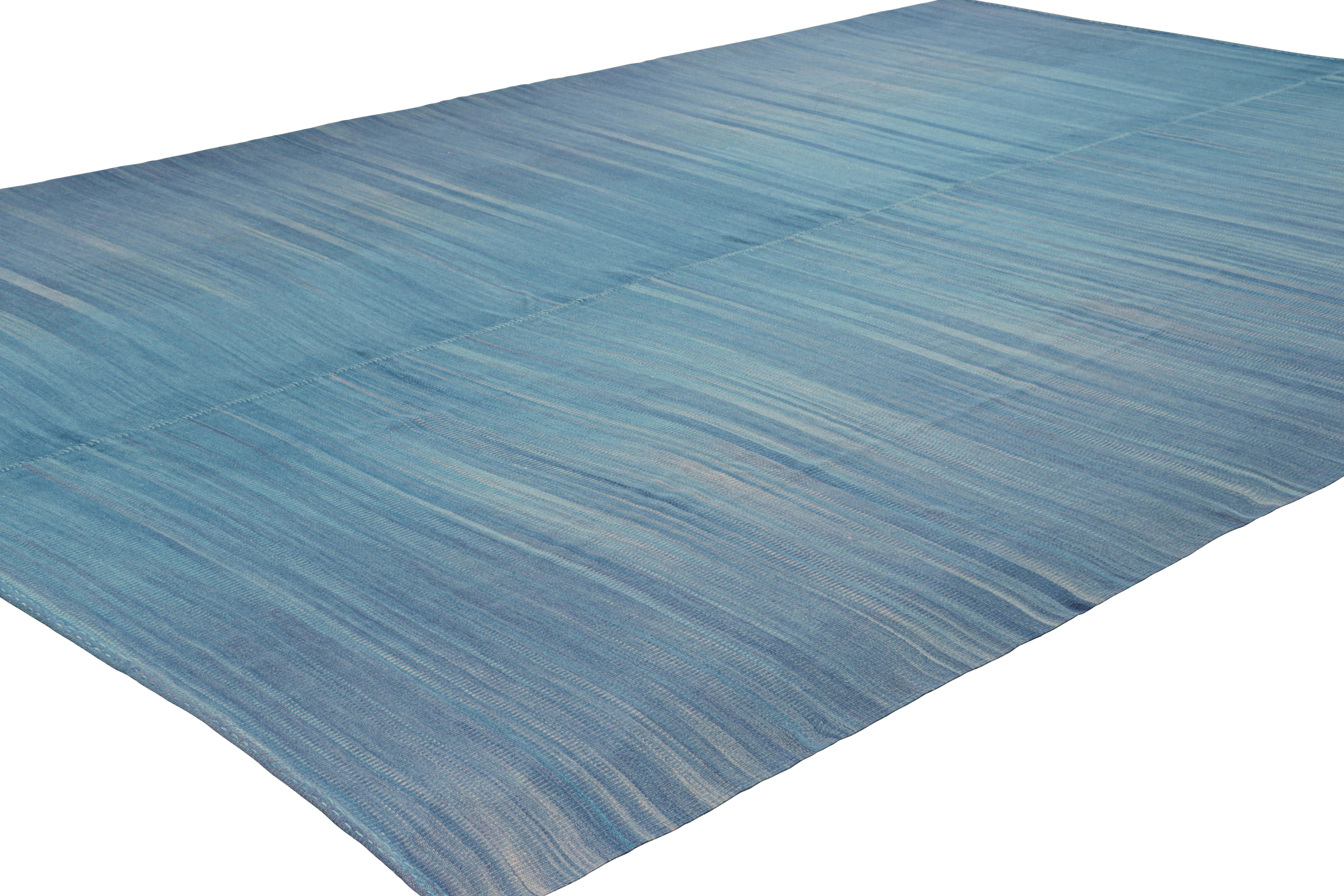 Turkish Oversized Rug & Kilim’s Contemporary Kilim in Blue Stripes & Geometric Pattern For Sale