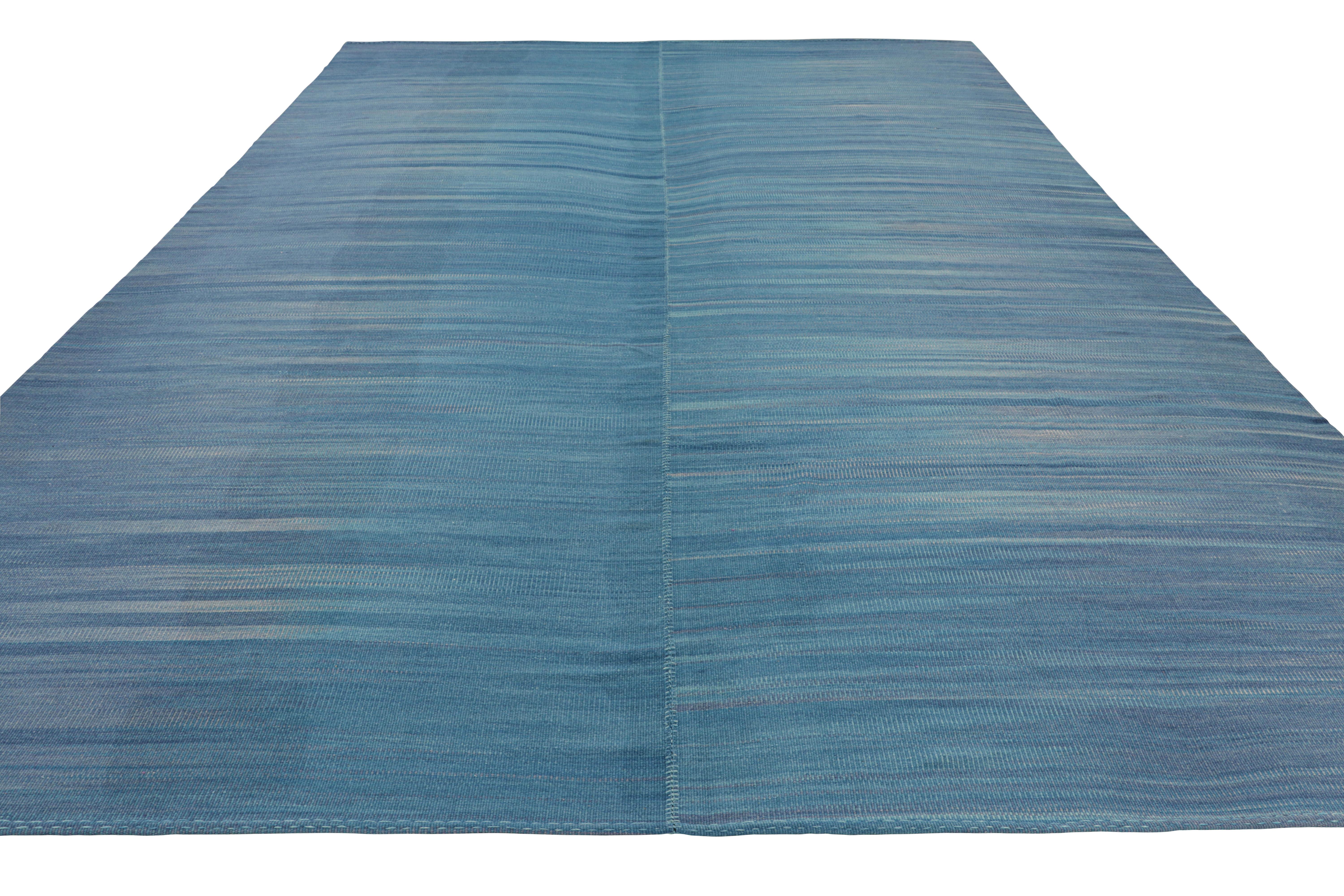 Hand-Woven Oversized Rug & Kilim’s Contemporary Kilim in Blue Stripes & Geometric Pattern For Sale