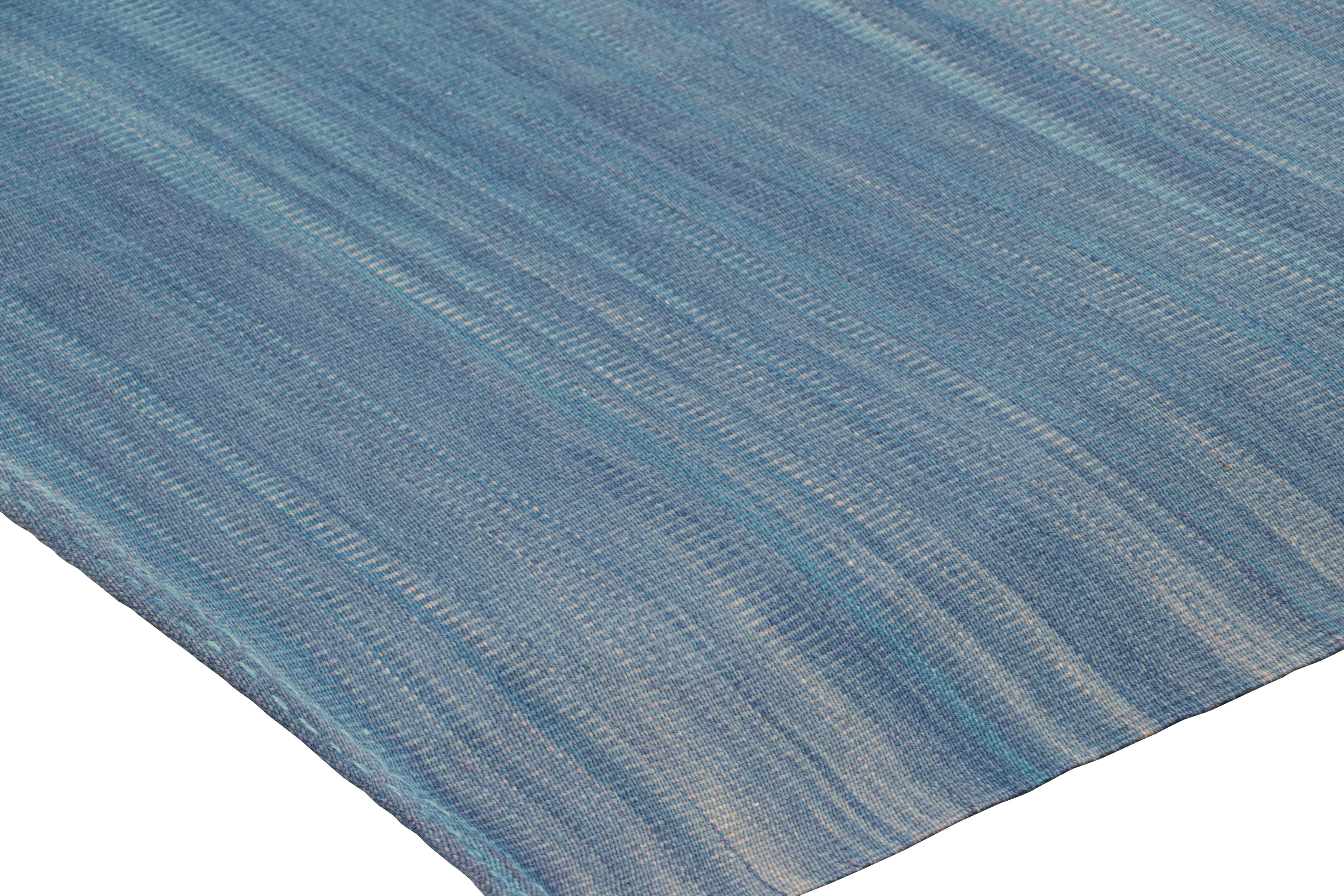 Oversized Rug & Kilim’s Contemporary Kilim in Blue Stripes & Geometric Pattern In New Condition For Sale In Long Island City, NY