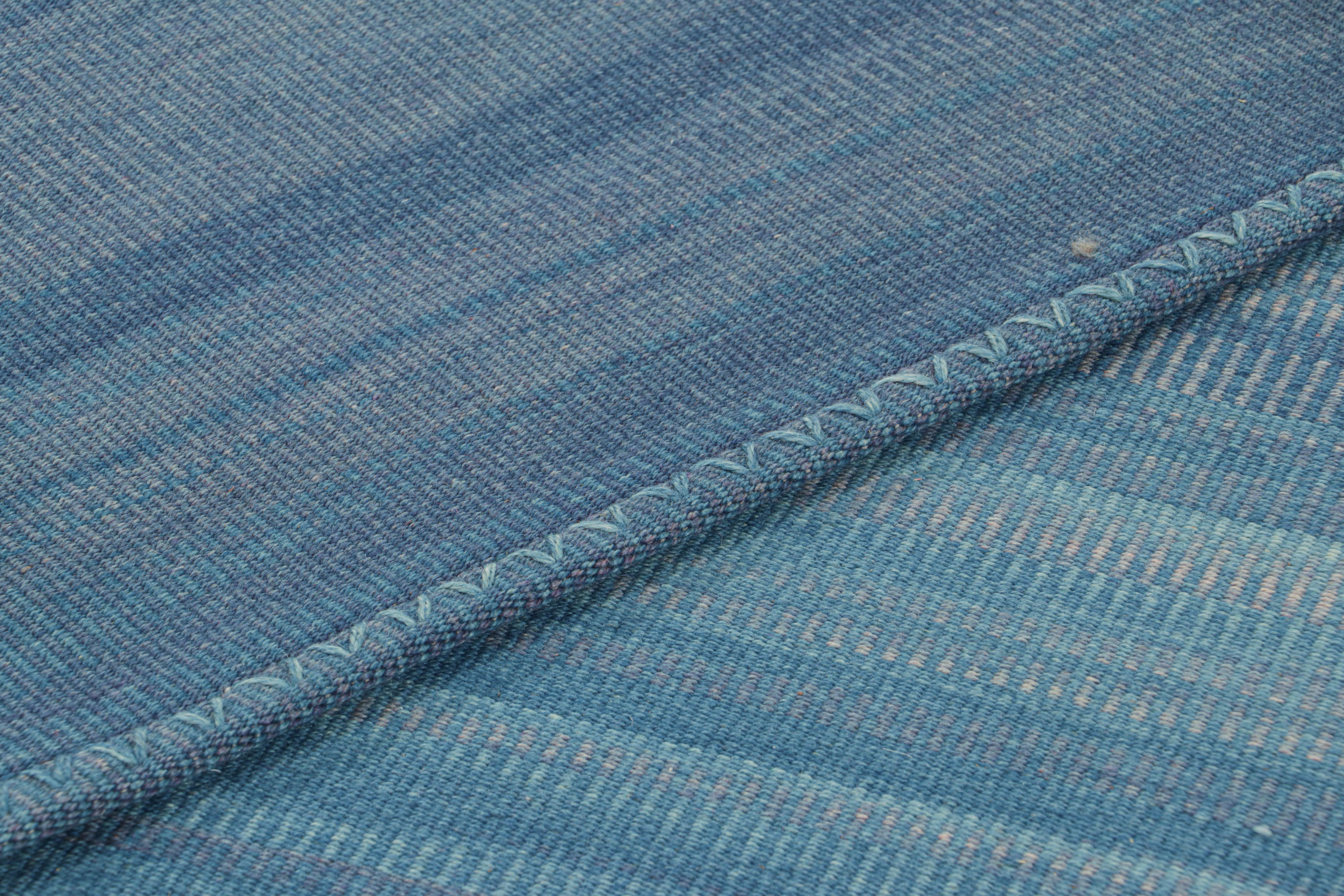 Wool Oversized Rug & Kilim’s Contemporary Kilim in Blue Stripes & Geometric Pattern For Sale