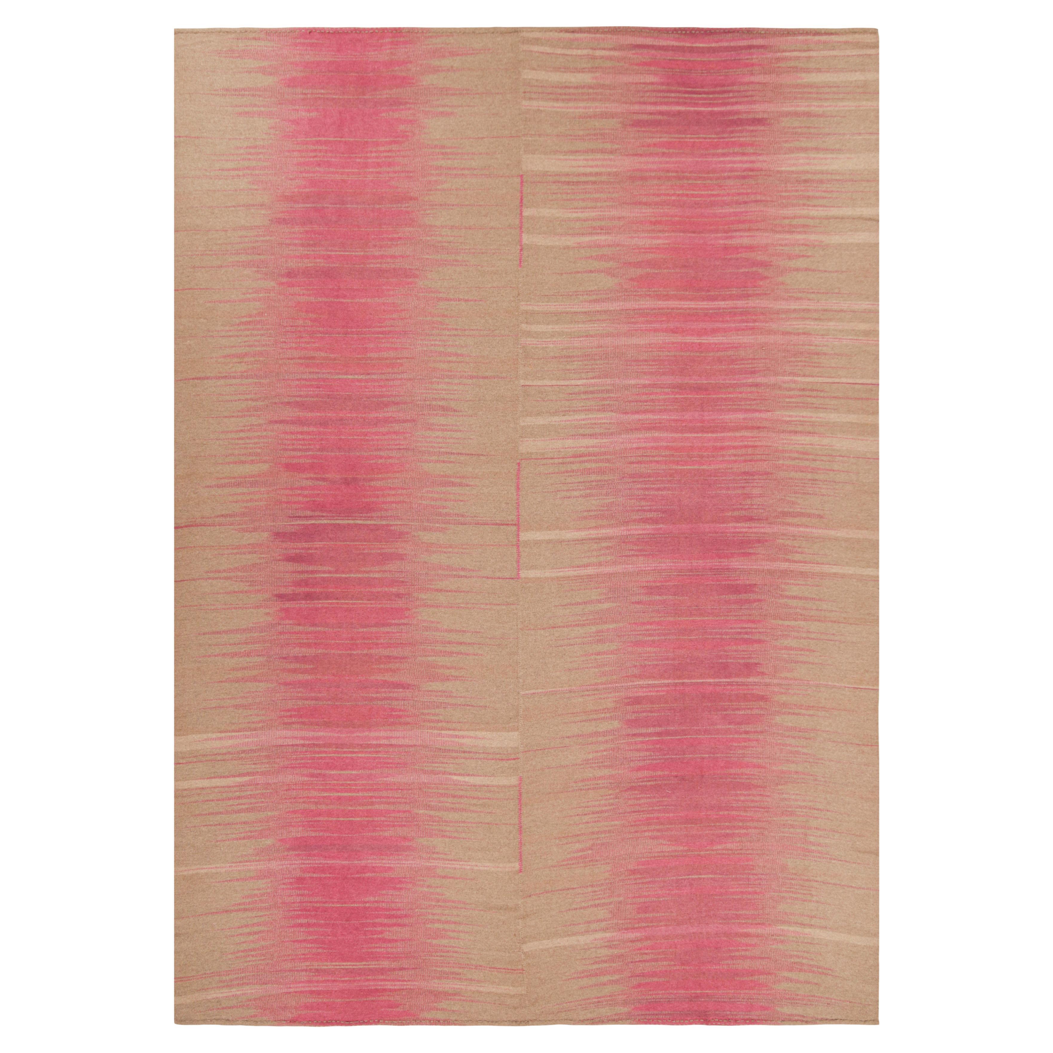 Oversized Rug & Kilim’s Contemporary Kilim in Brown & Pink Stripes & Patterns