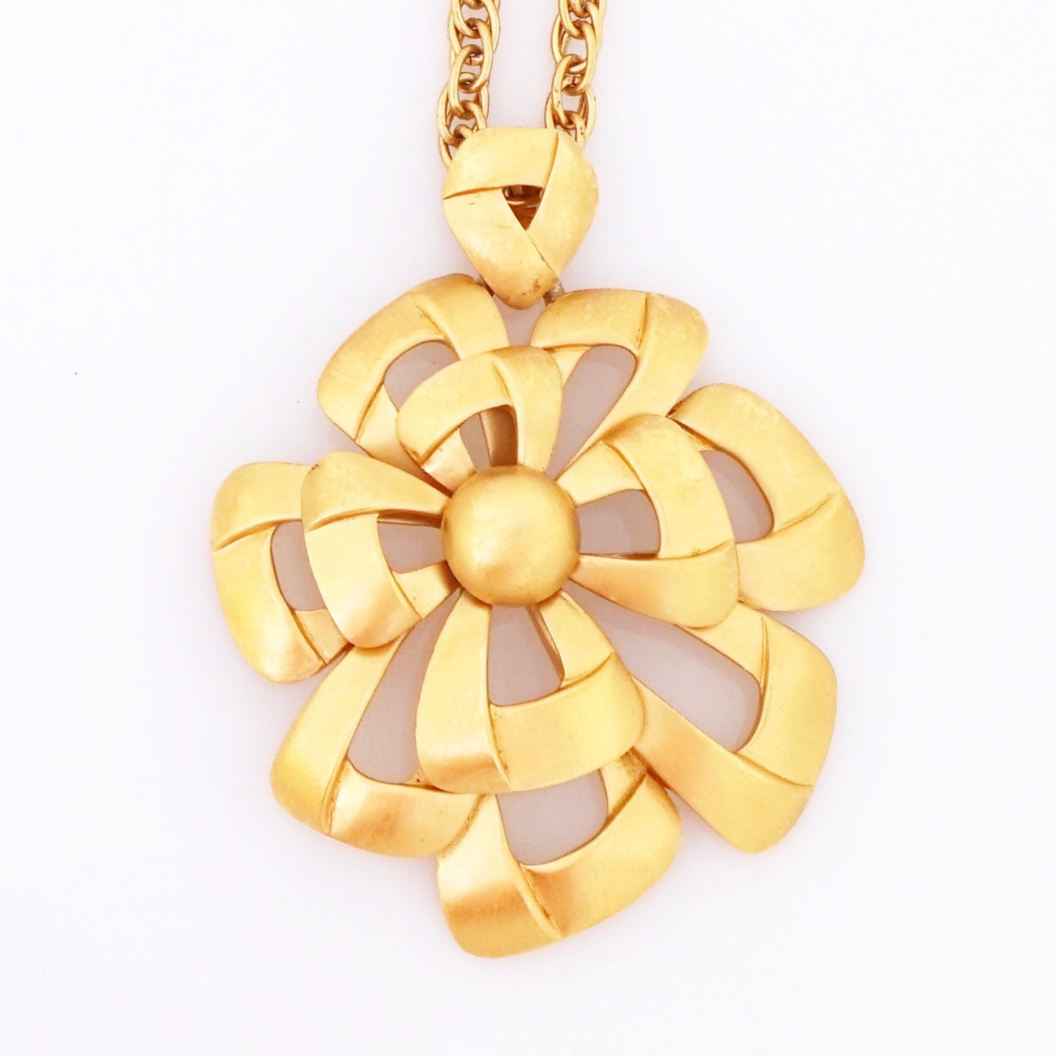 Modern Oversized Satin Gilt Mod Flower Pendant Necklace By Crown Trifari, 1960s For Sale