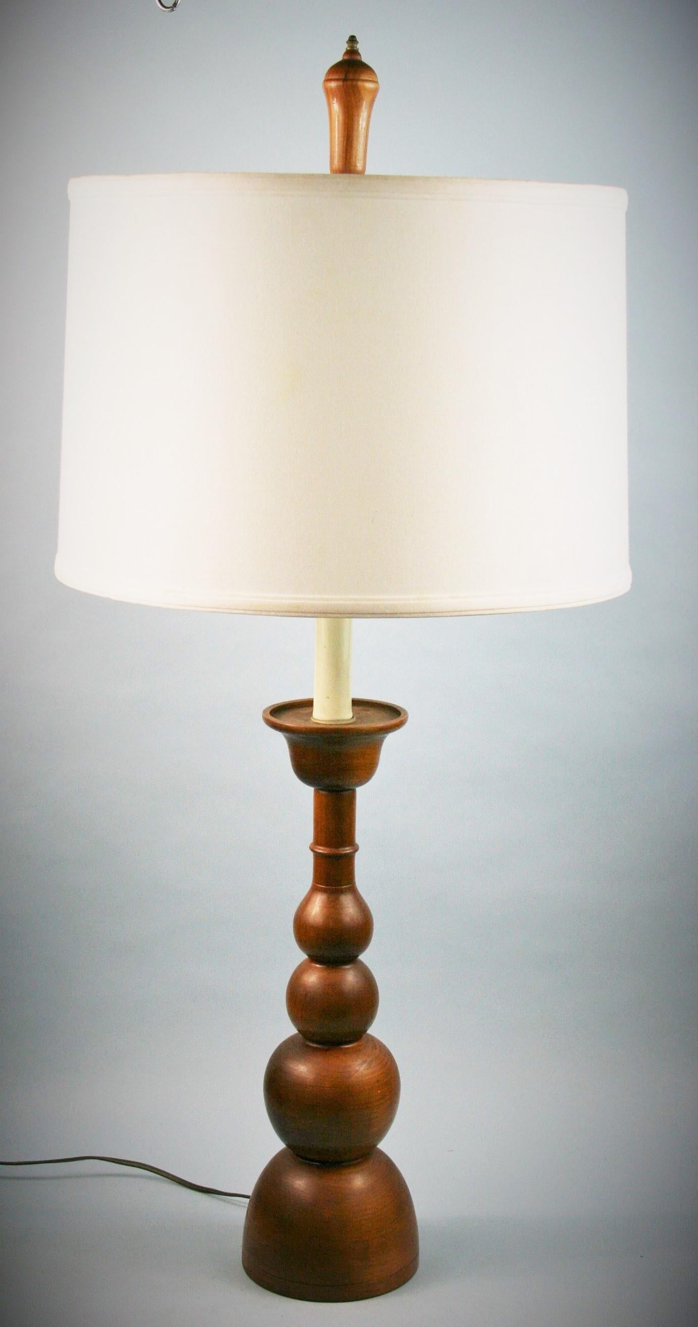 Oversized  Scandinavian  Designer  Turned Walnut Wood Lamps a Pair 1960's In Good Condition For Sale In Douglas Manor, NY