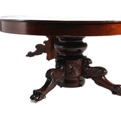 Oversized Second Empire Neoclassical Carved Mahogany Dining Table & Five Leaves