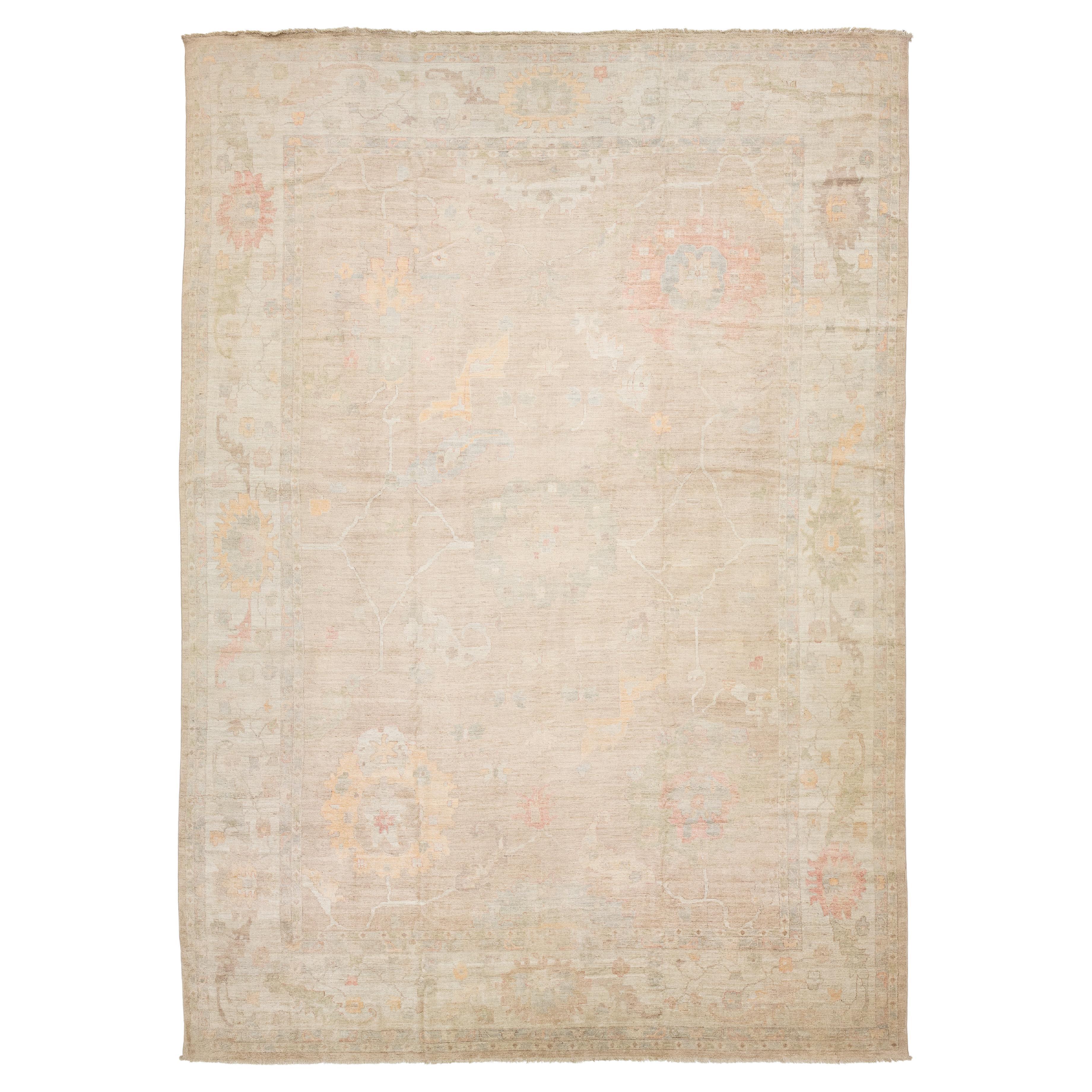 Oversized Serene Modern Oushak Style Wool Area Rug Muted Neutral & Pastel Tones