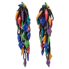 Oversized Shoulder Duster Multicolor Waterfall Lucite and Glass Clip Earrings