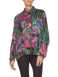 Oversized Silk Track Bomber Jacket Beaded with Sequins & Tropical Birds