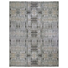 Oversized Silver Abstract Design Hi-Lo Pile Wool and Silk Hand Knotted Oriental