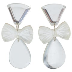 Vintage Oversized Silver Mirror Lucite Clip Earrings Bowtie & Tear Drop