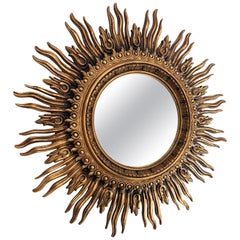 Miroir Sunburst surdimensionné en bois doré sculpté espagnol