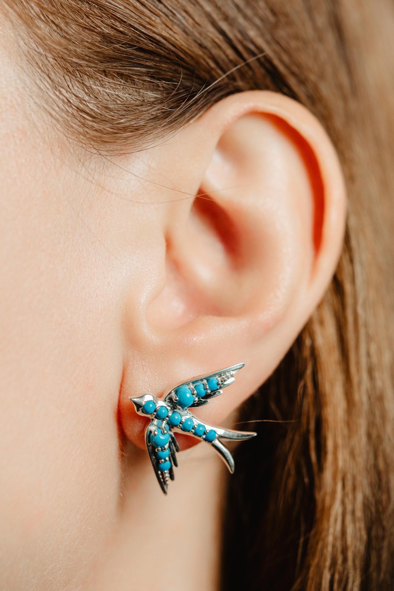 Victorian Oversized Sterling Silver Swallow Bird Earrings, Turquoise Swallow Earrings