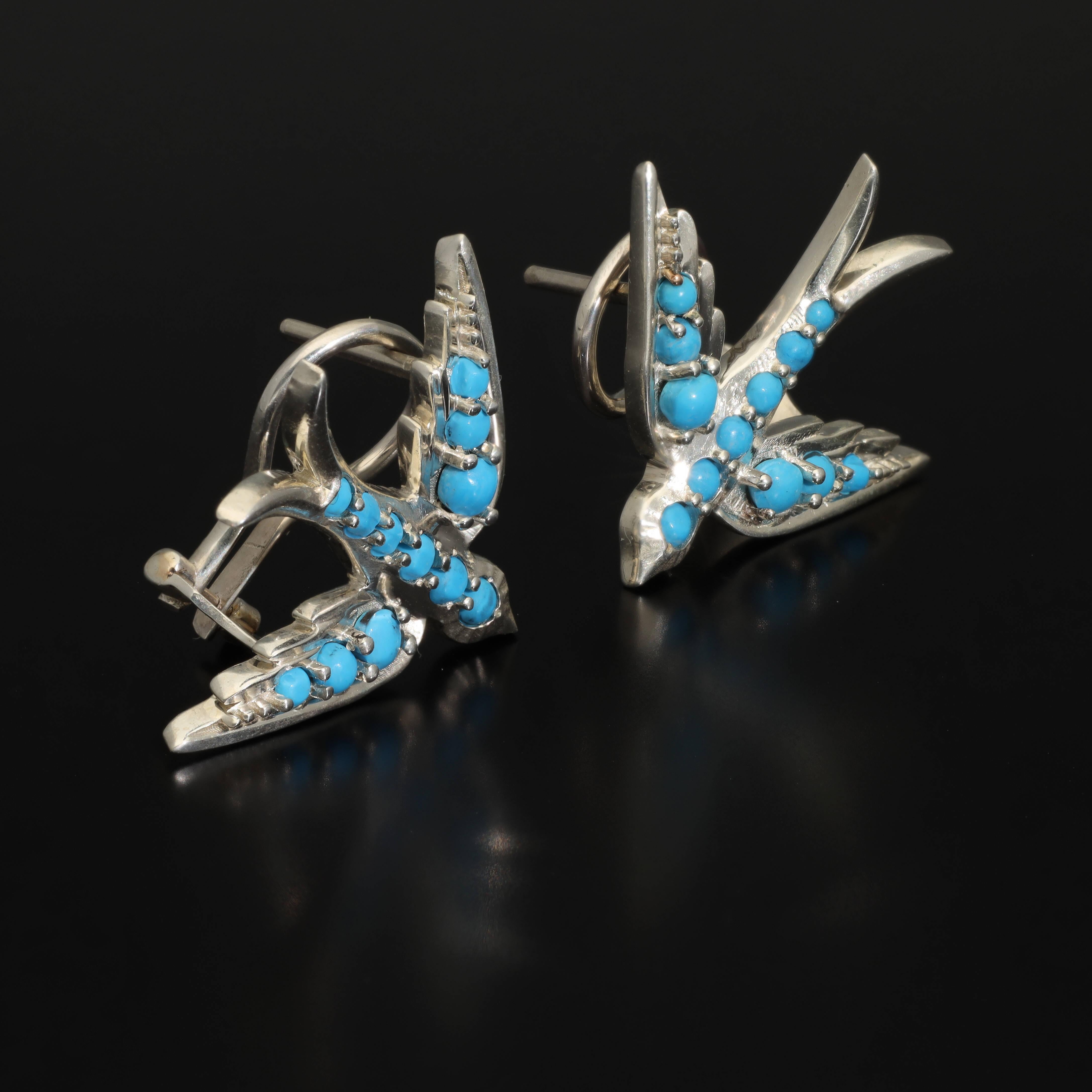 Oversized Sterling Silver Swallow Bird Earrings, Turquoise Swallow Earrings In New Condition In Rottedam, NL