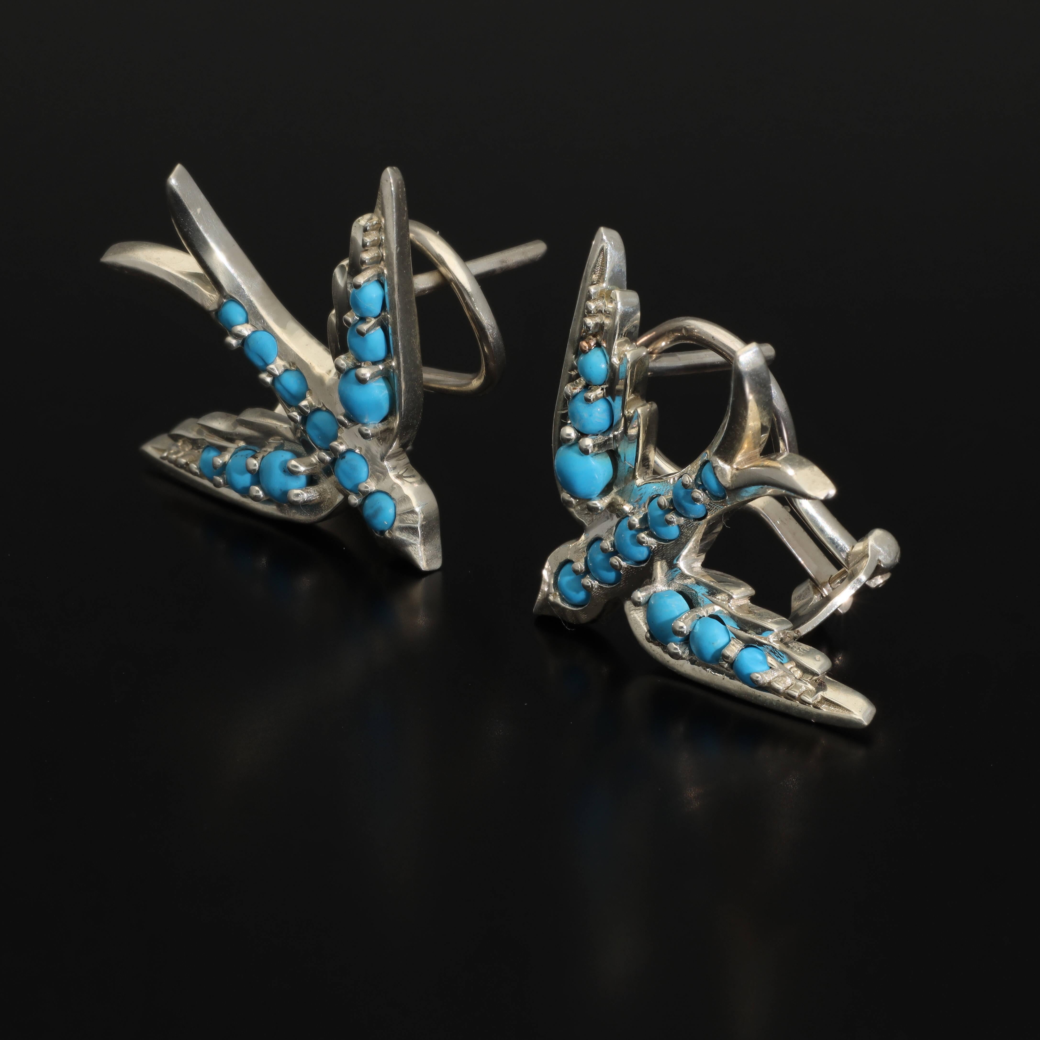 Oversized Sterling Silver Swallow Bird Earrings, Turquoise Swallow Earrings 1