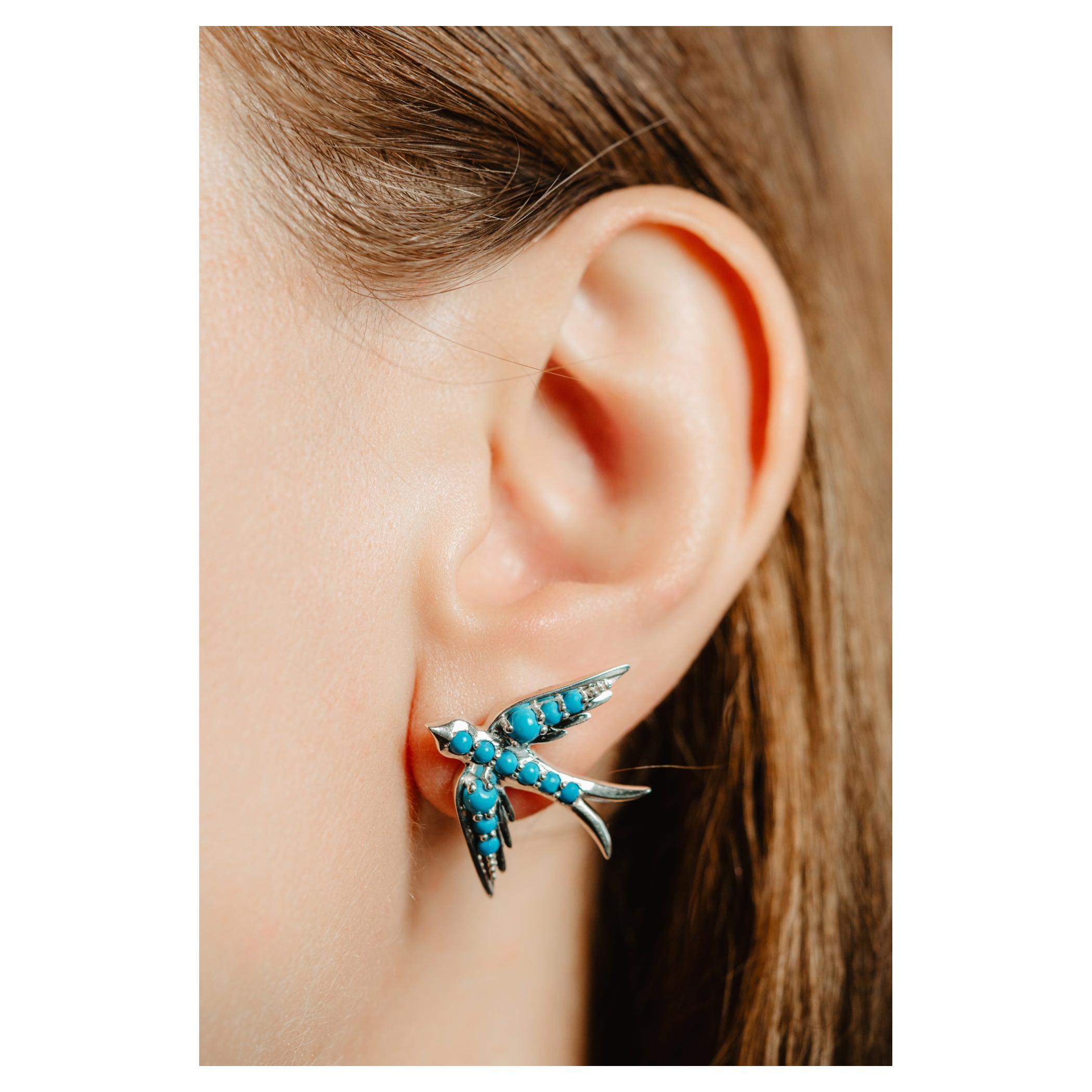 Oversized Sterling Silver Swallow Bird Earrings, Turquoise Swallow Earrings