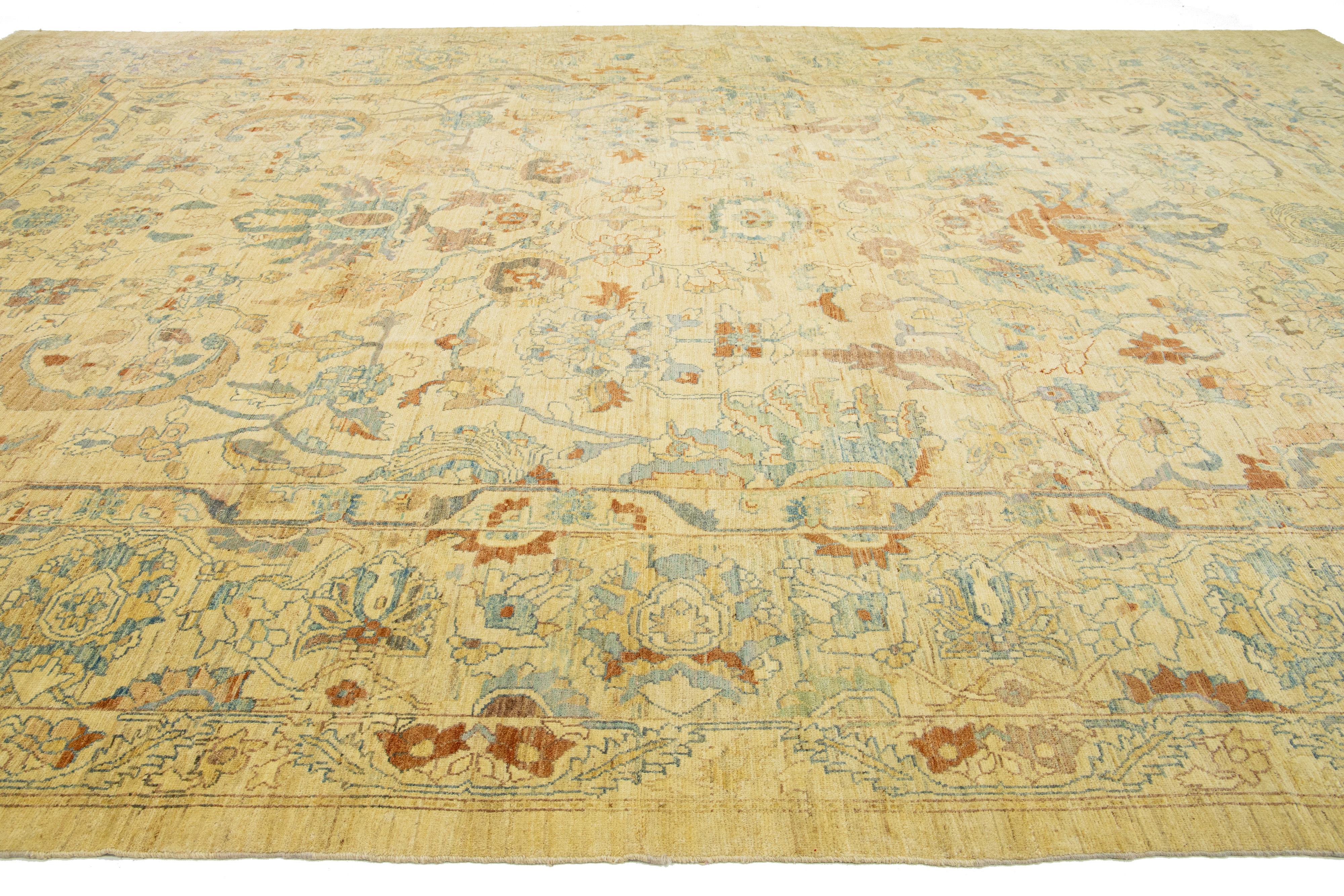 Moderner Sultanabad-Wollteppich in Beige in Übergröße mit Allover-Design (Handgeknüpft) im Angebot