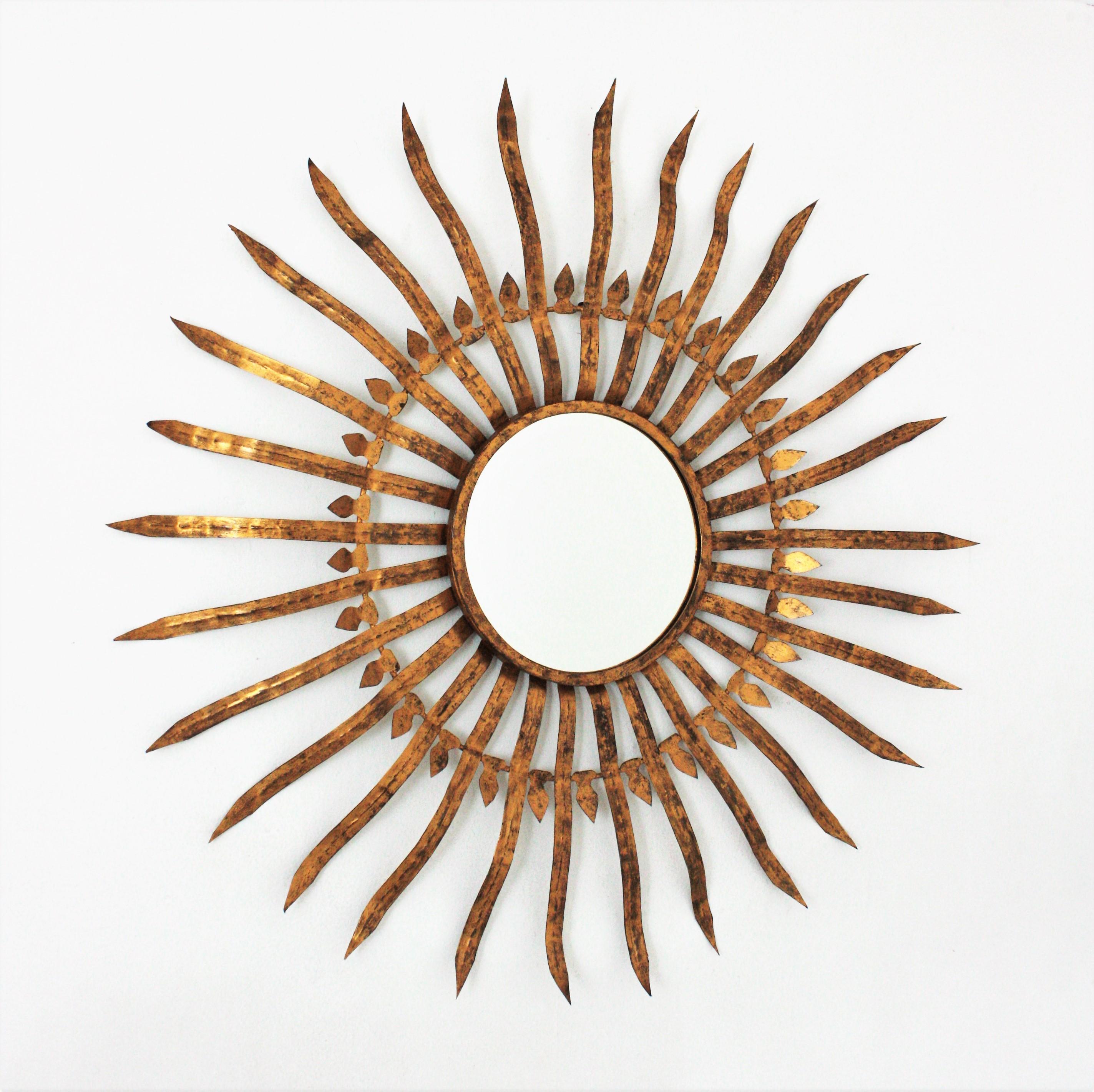 Mid-Century Modern Oversized Sunburst Convex Mirror in Gilt Iron