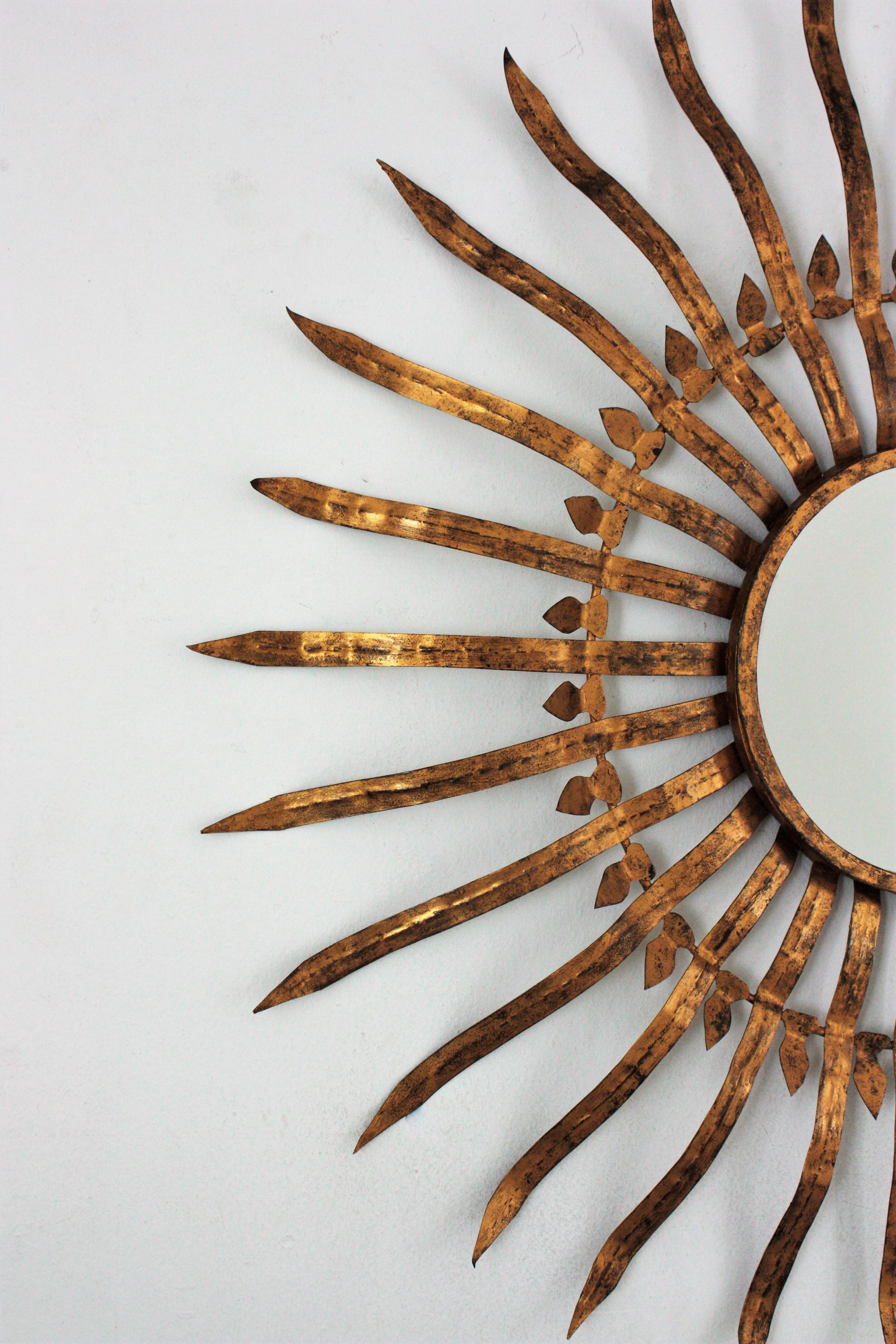 Spanish Oversized Sunburst Convex Mirror in Gilt Iron